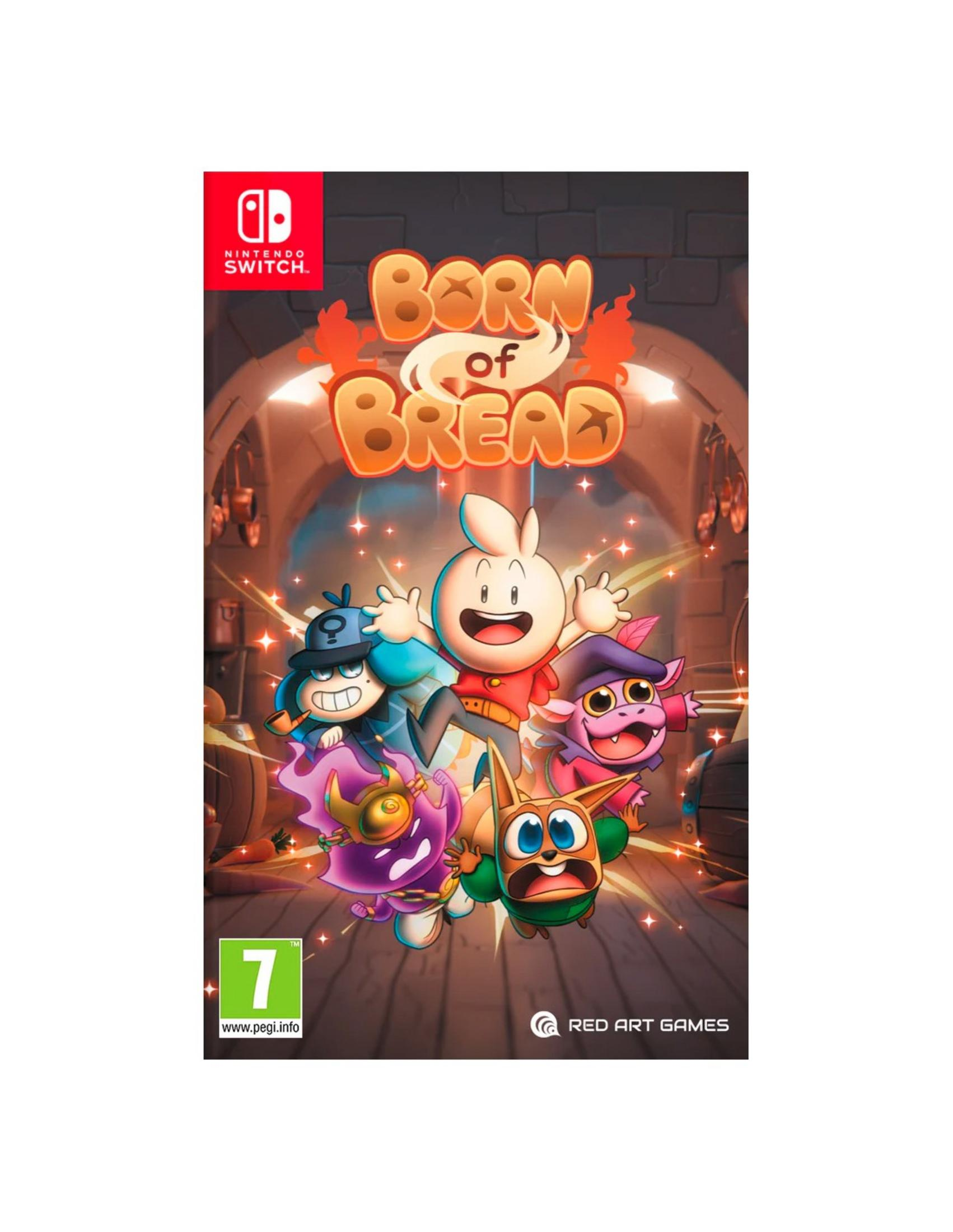 Copertina del gioco con logo Nintendo Switch, titolo 'Born of Bread' e personaggi dei cartoni animati.