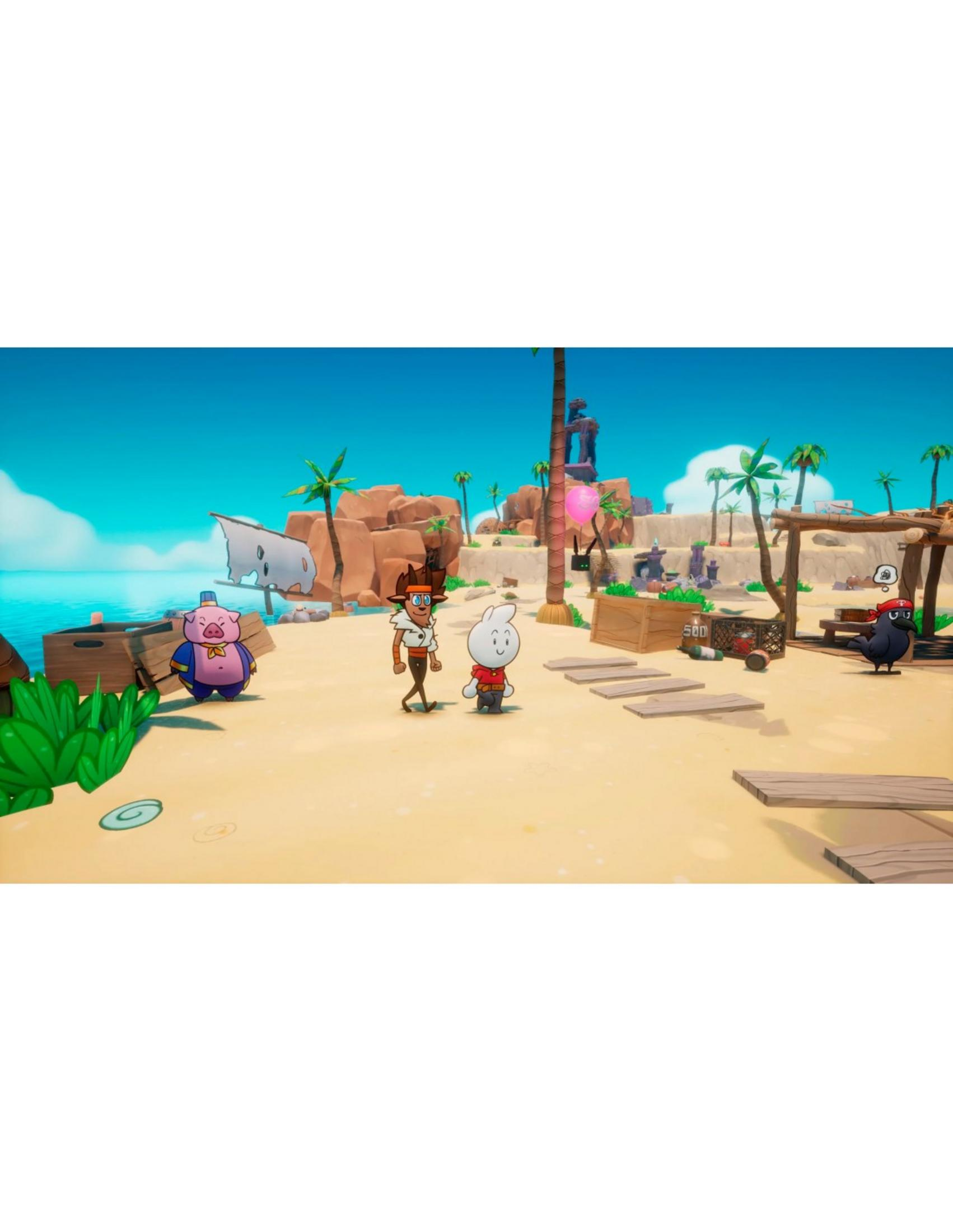 Stile cartone animato di un'isola tropicale con personaggi: un maiale, una renna e un corvo.