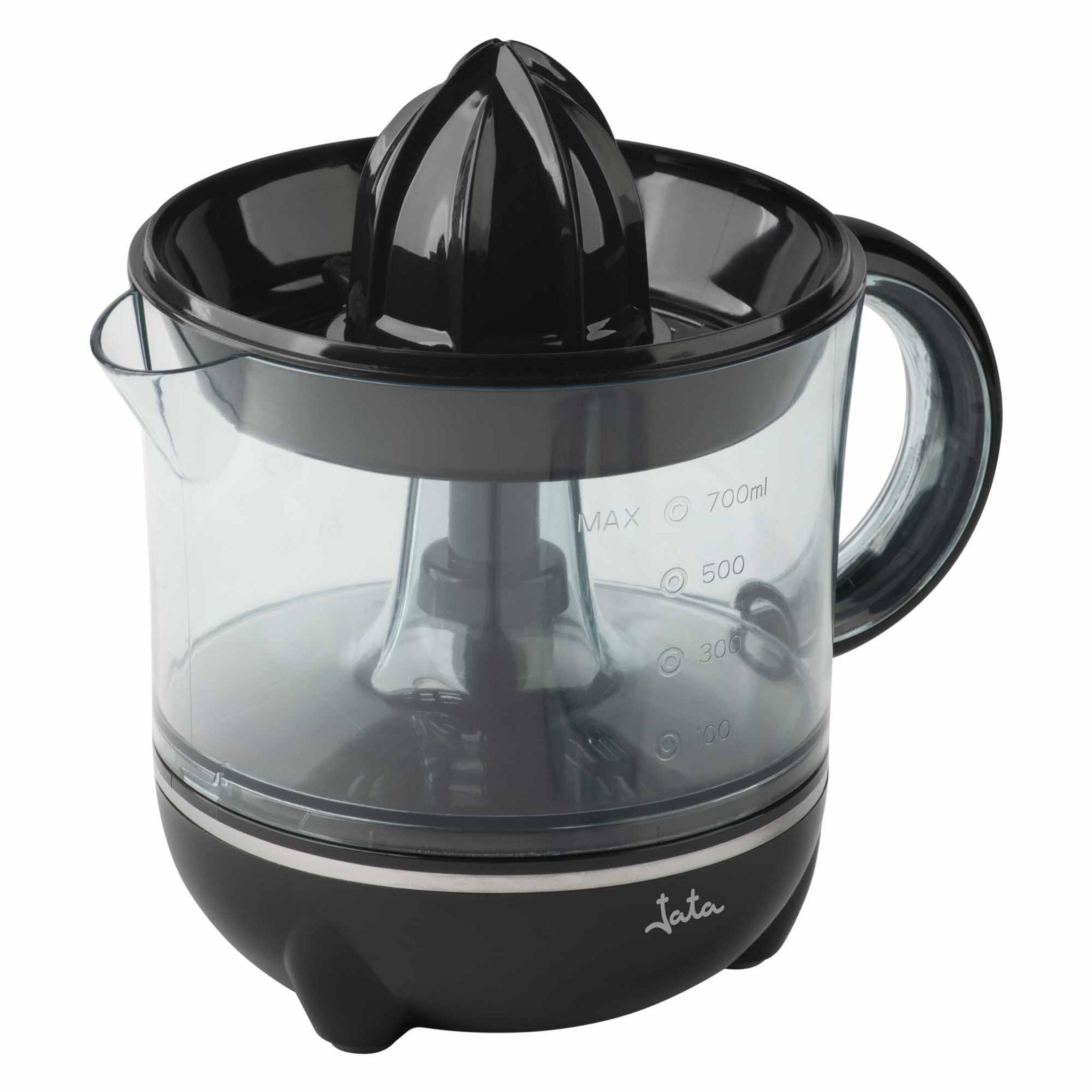 Un exprimidor de cítricos eléctrico negro con recipiente transparente y marcas.
