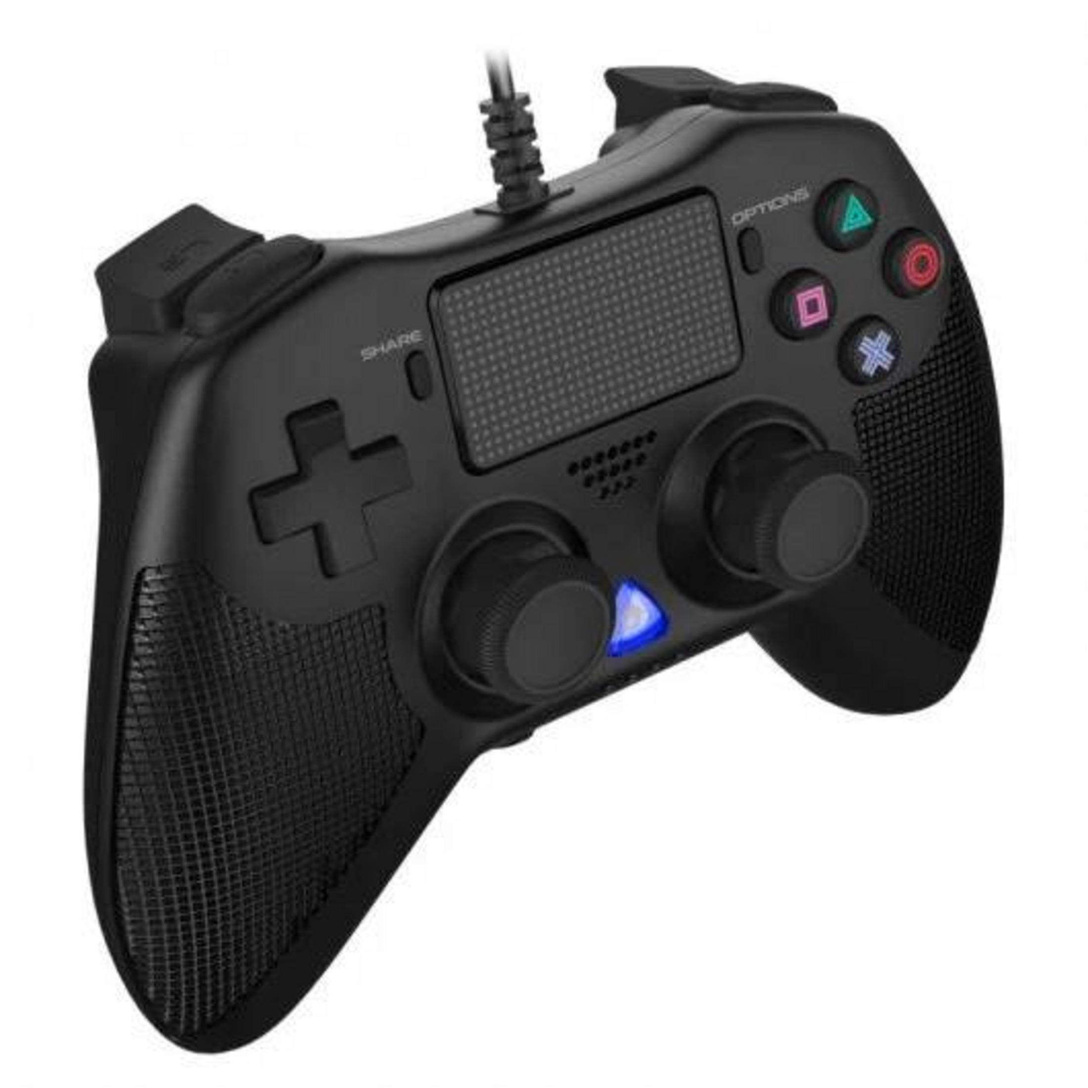 Controller da gioco nero con joystick, pulsanti e una luce blu.