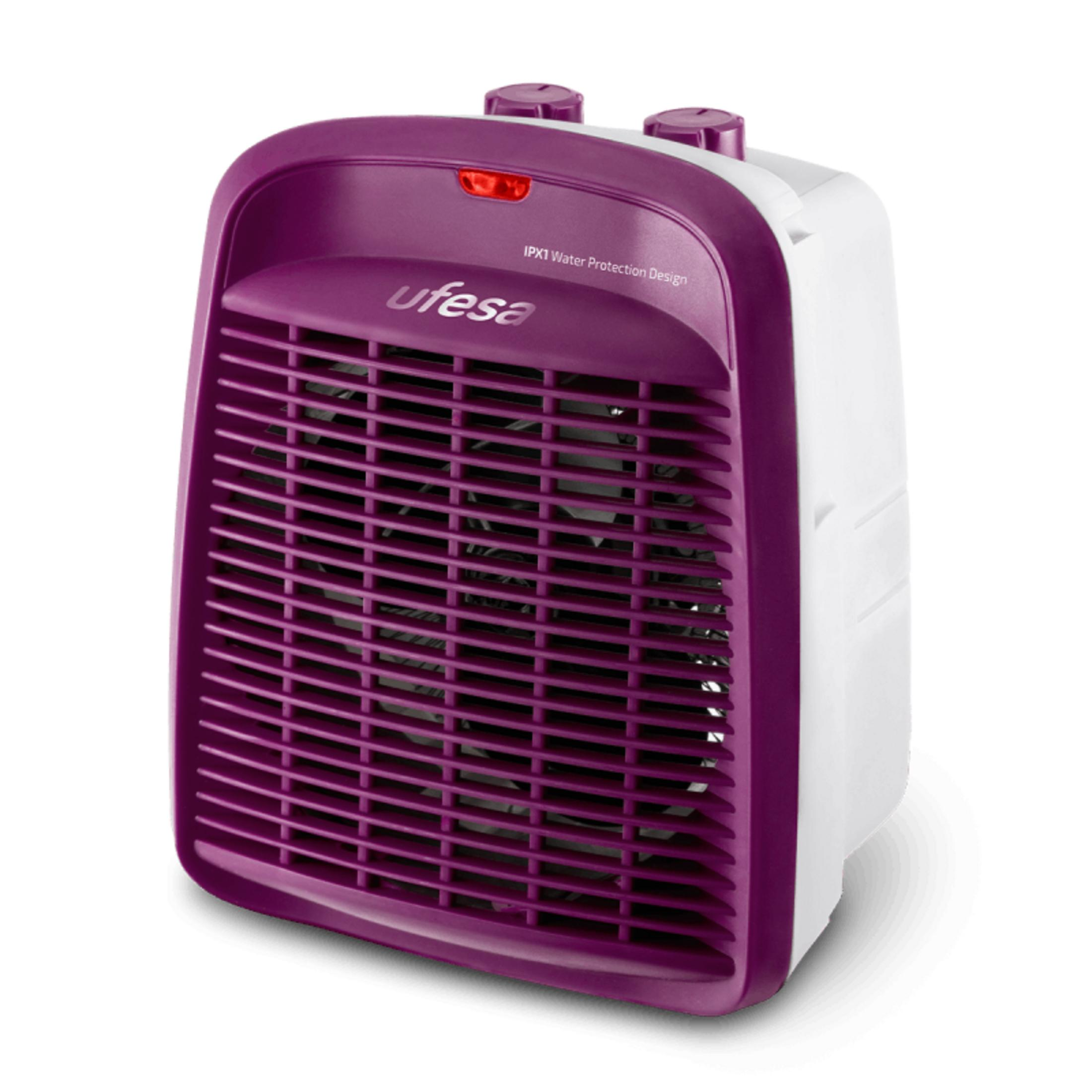 Stufa viola e bianca con griglia di ventilazione e due manopole.