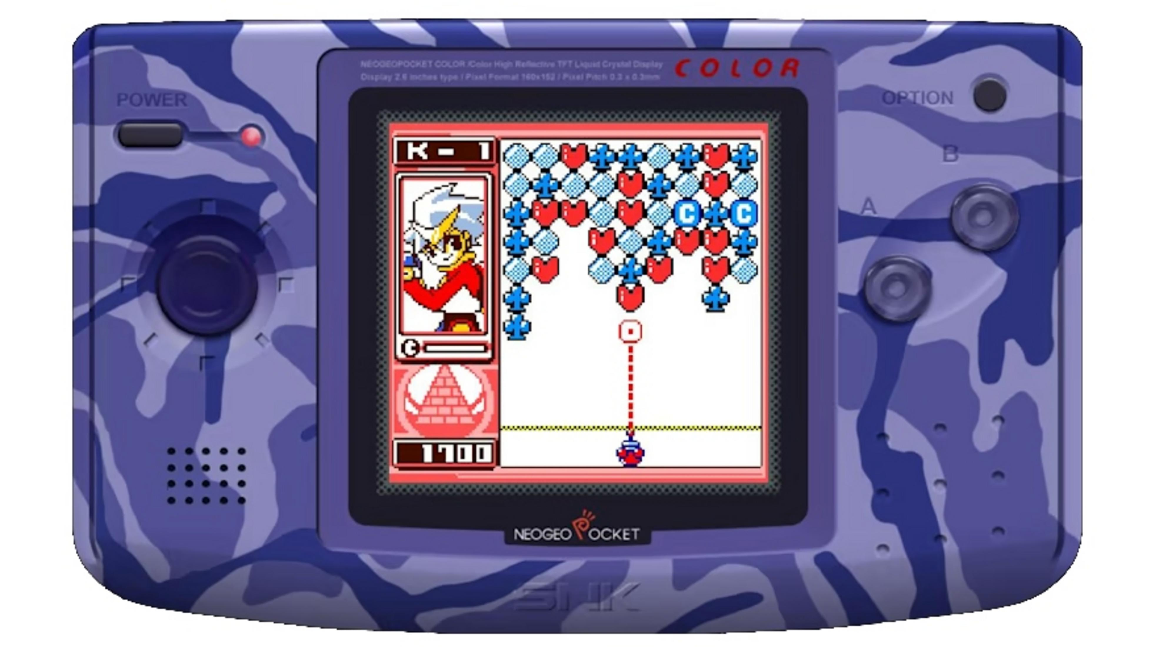 Una console portatile Neo Geo Pocket Color mimetica blu con un gioco sullo schermo.