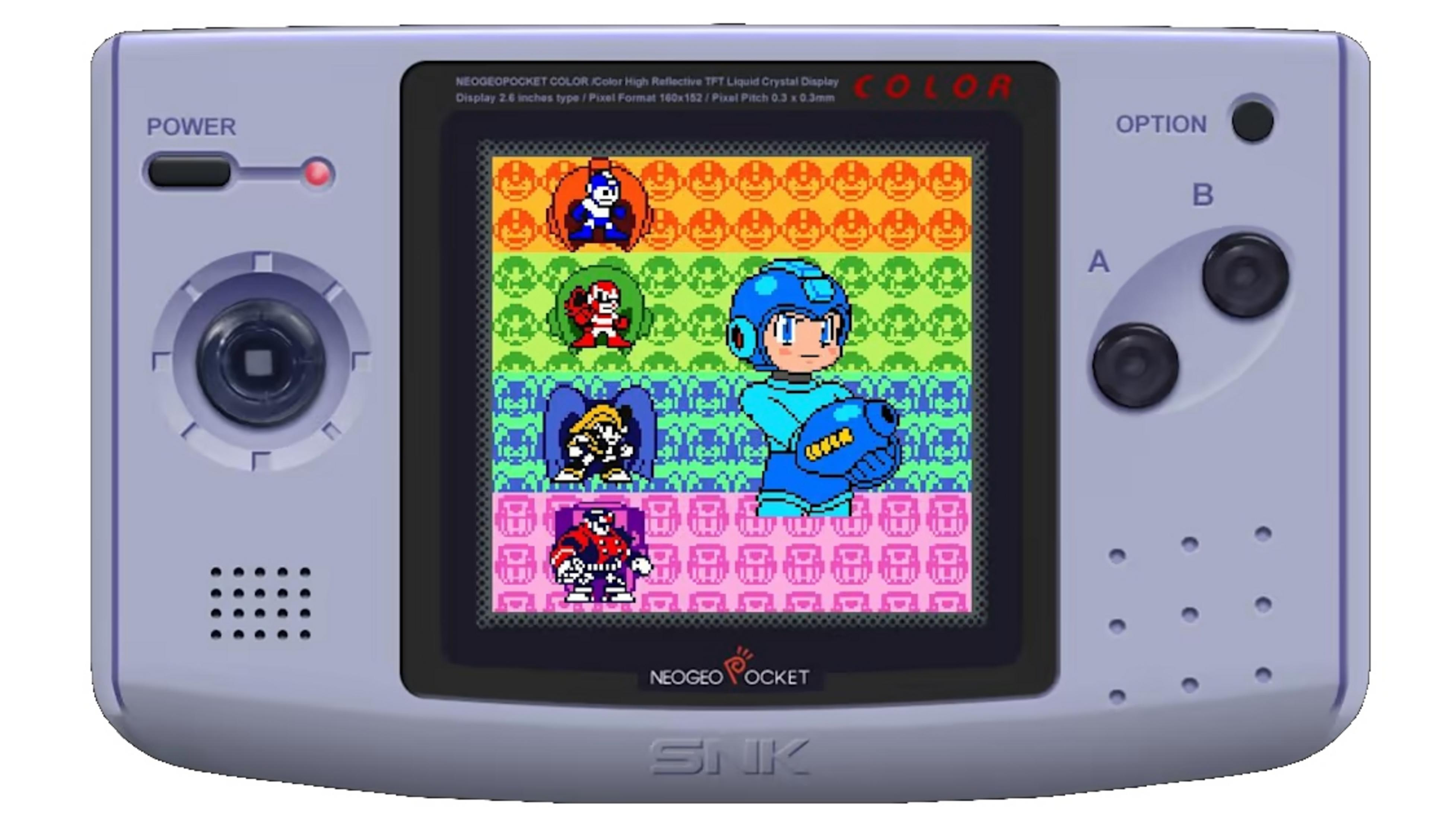 Neo Geo Pocket Color viola chiaro con personaggi di gioco sullo schermo.