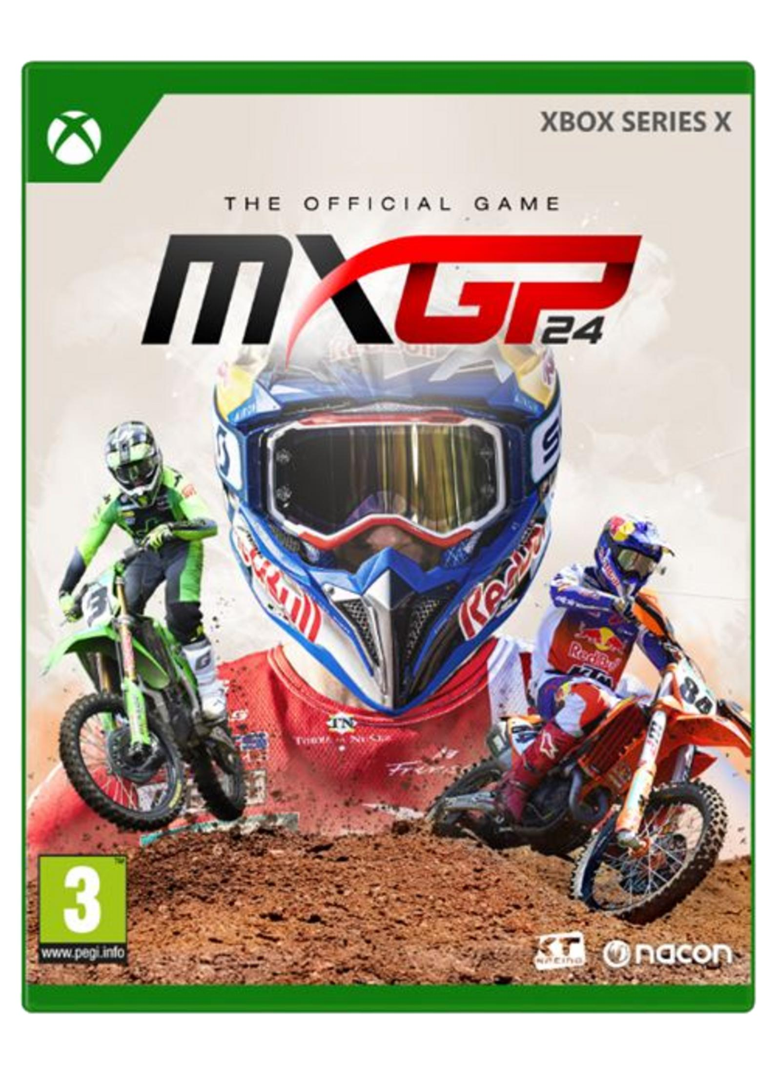 Copertina del gioco Xbox Series X per MXGP 24. Presenta due piloti di motocross e un grande casco.