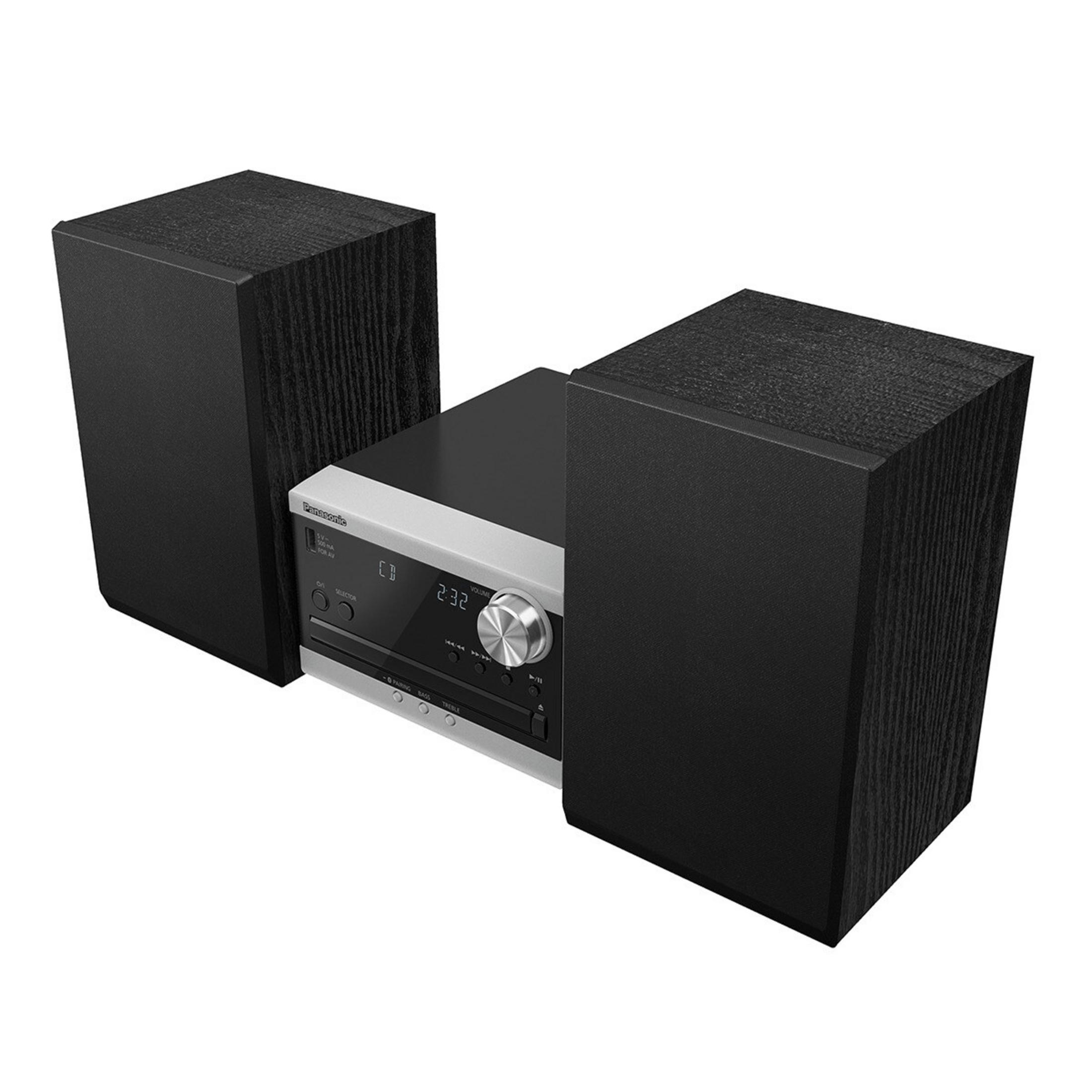 Un lettore CD Panasonic con due altoparlanti neri.