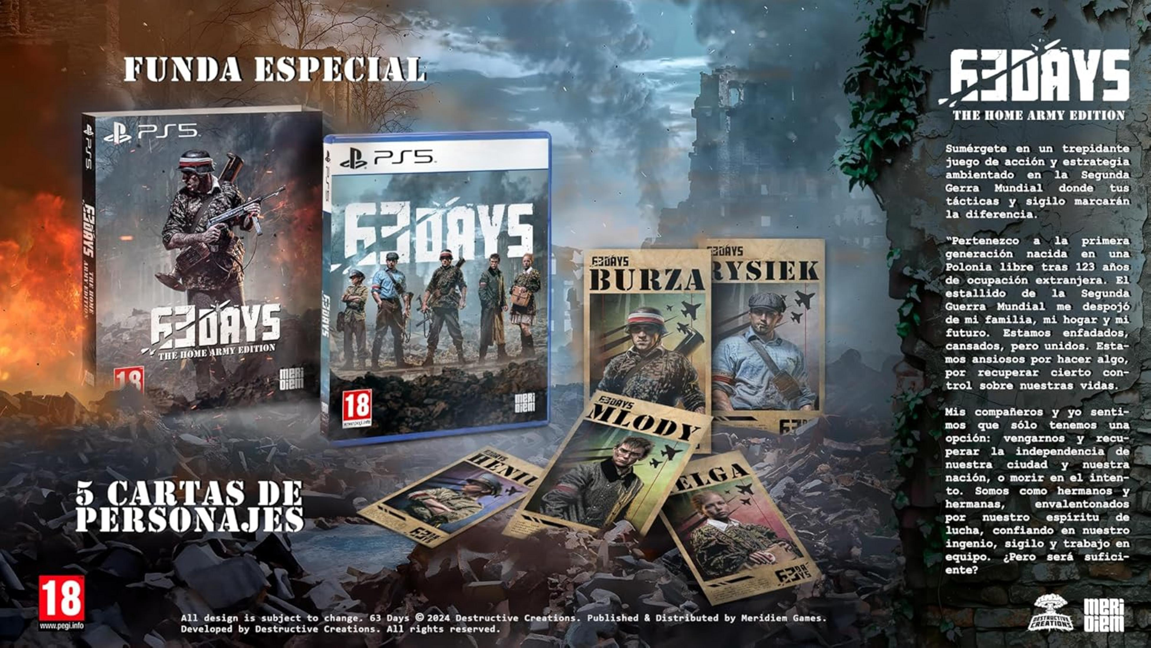 PS5 Spiel "63 Days: The Home Army Edition" mit Charakterkarten und Texten.