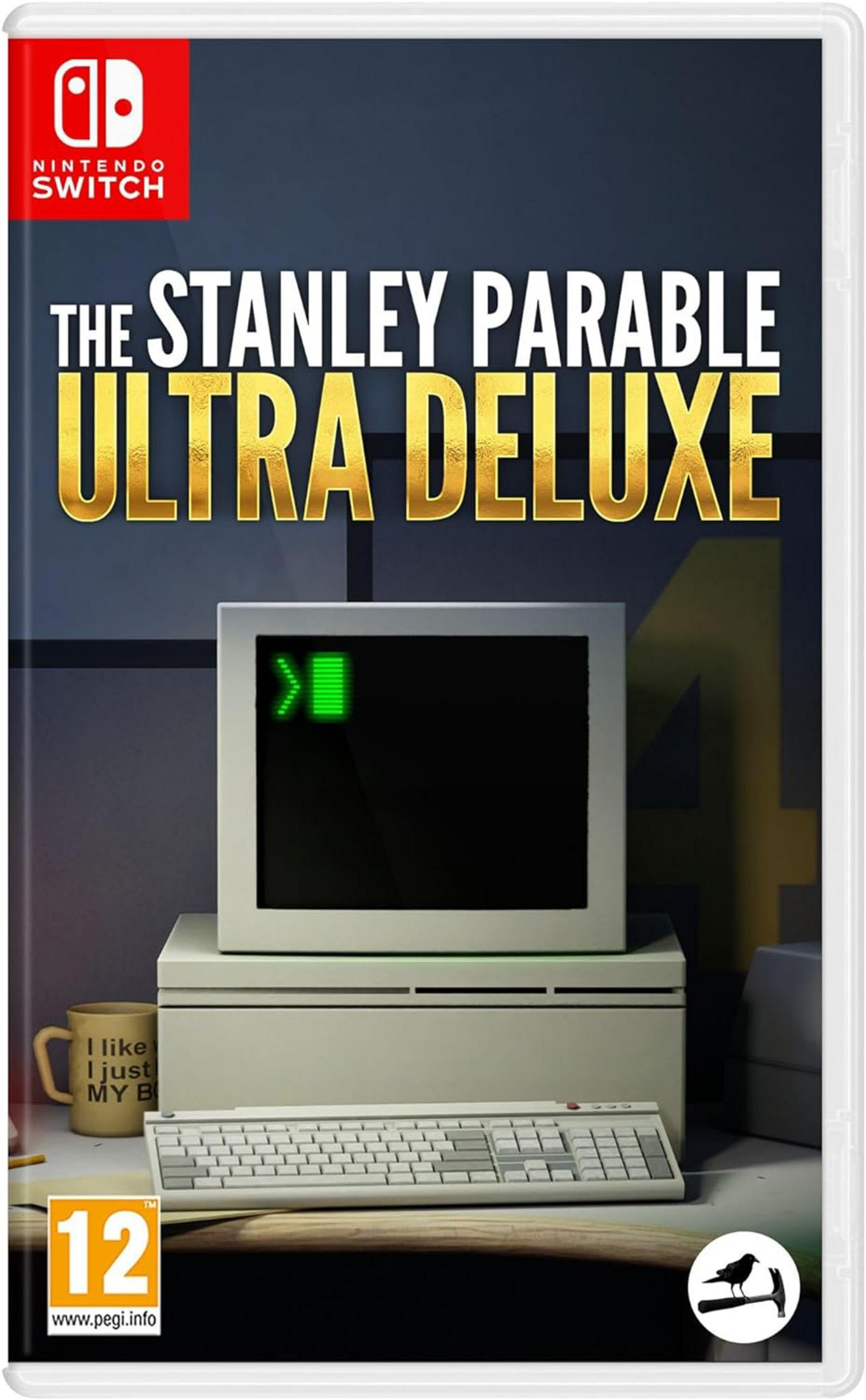 Copertina del gioco Nintendo Switch con computer retrò, tastiera e tazza.