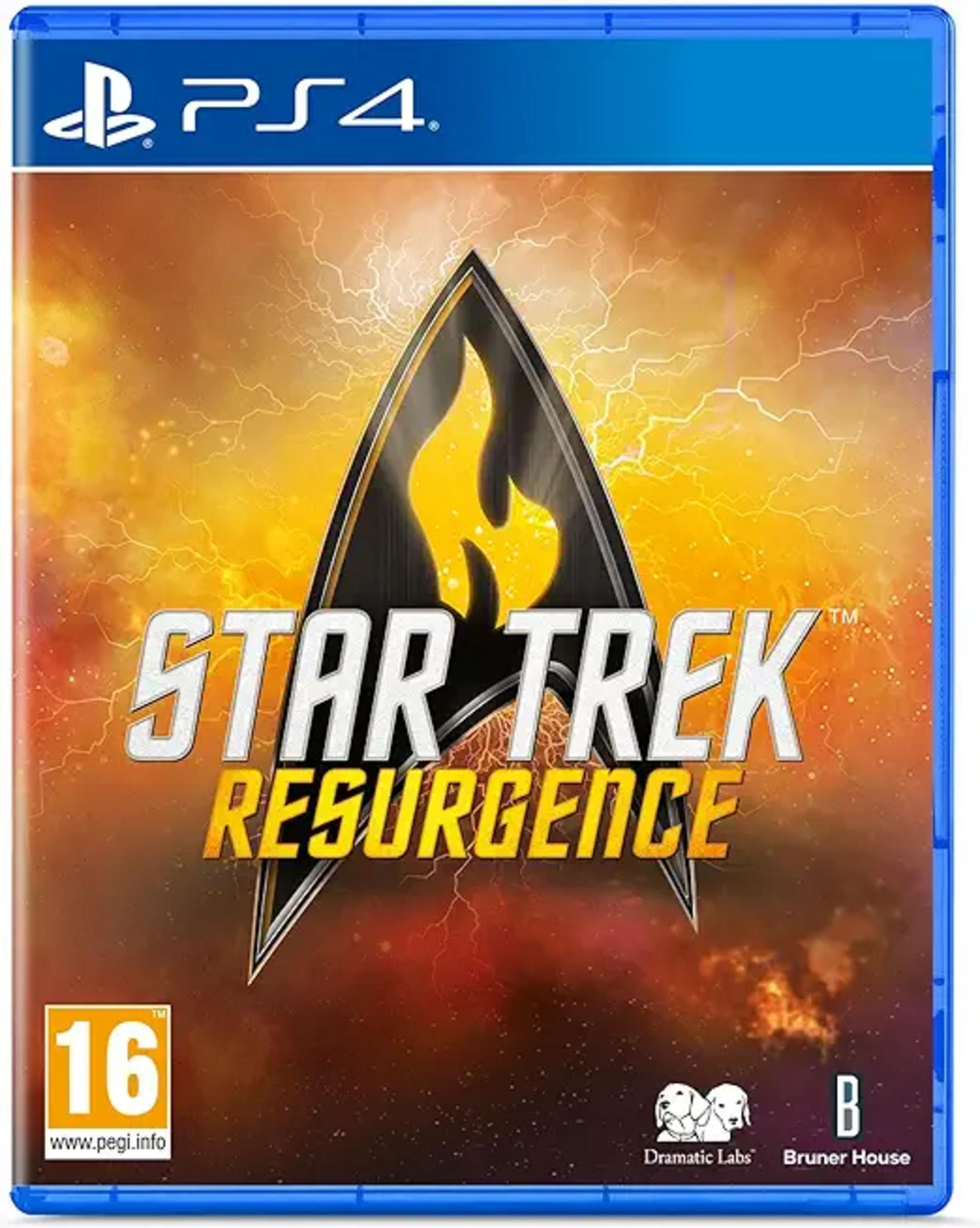 Custodia gioco PS4 per Star Trek Resurgence con fulmini gialli e arancioni.