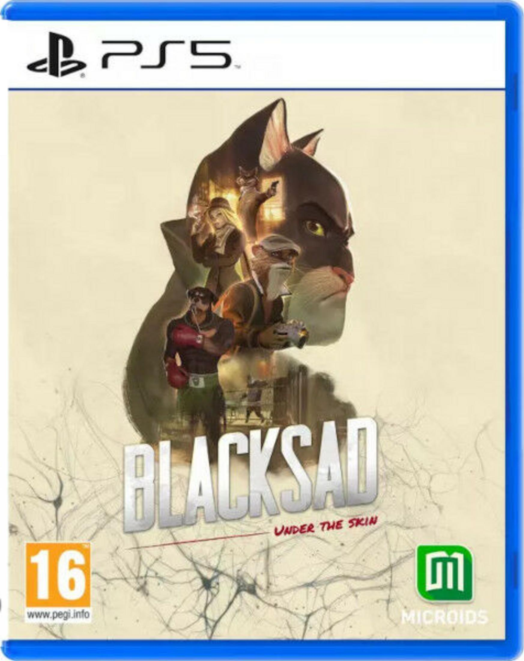 Copertina del gioco Blacksad: Under the Skin PS5 con animali antropomorfi e PEGI 16.