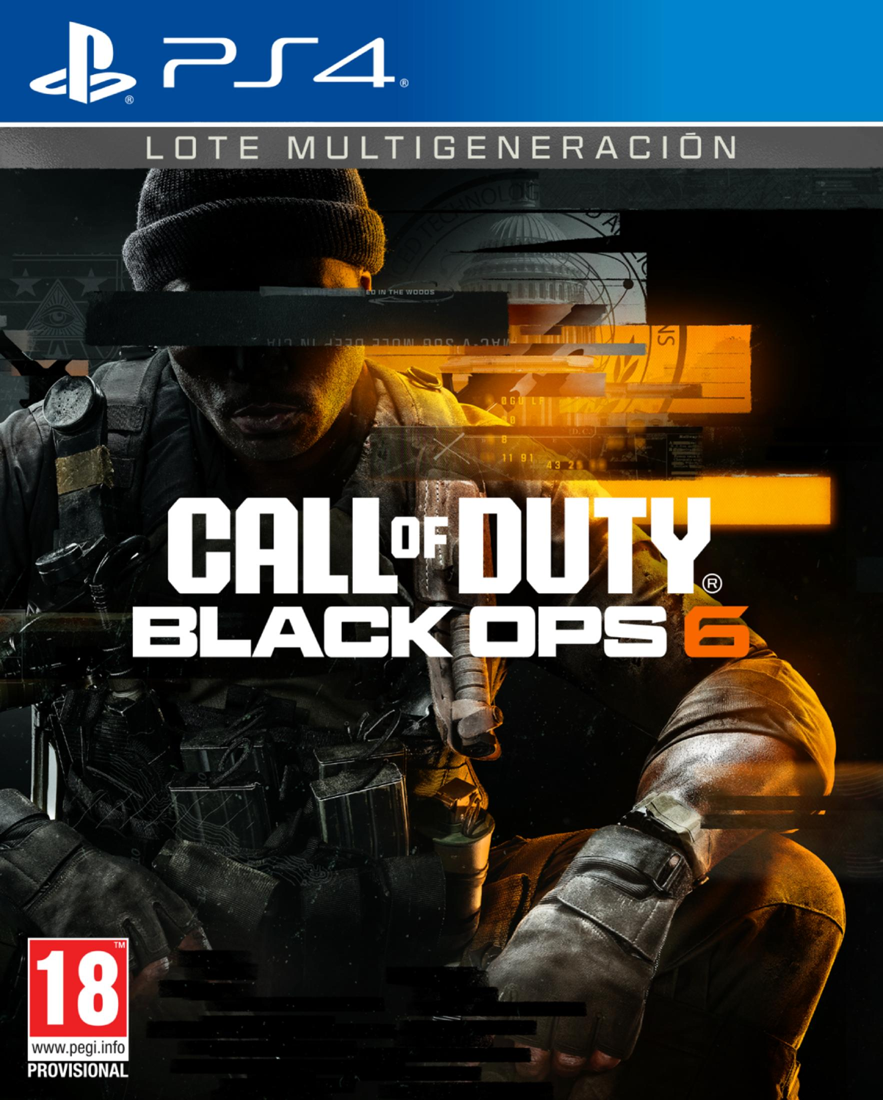 Arte de portada de Call of Duty Black Ops 6 con soldado, logo PS4 y PEGI 18.