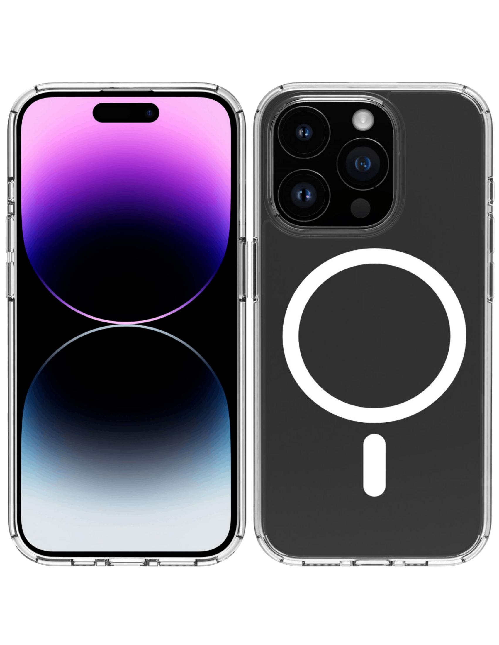 Funda transparente para teléfono, vista frontal y trasera, módulo de cámara y anillo MagSafe.