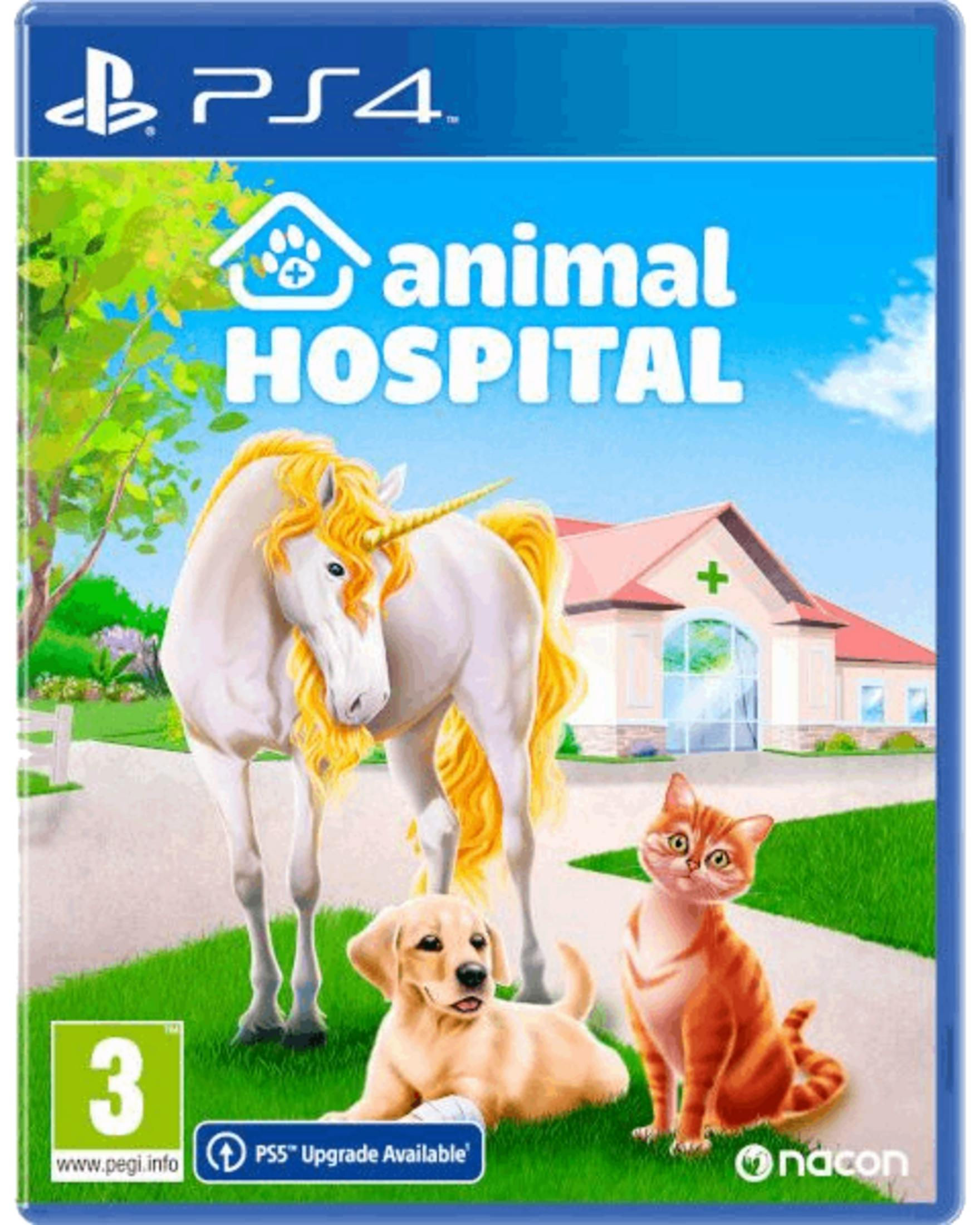 Un unicorno, cane e gatto davanti a un ospedale. Copertina gioco PS4.