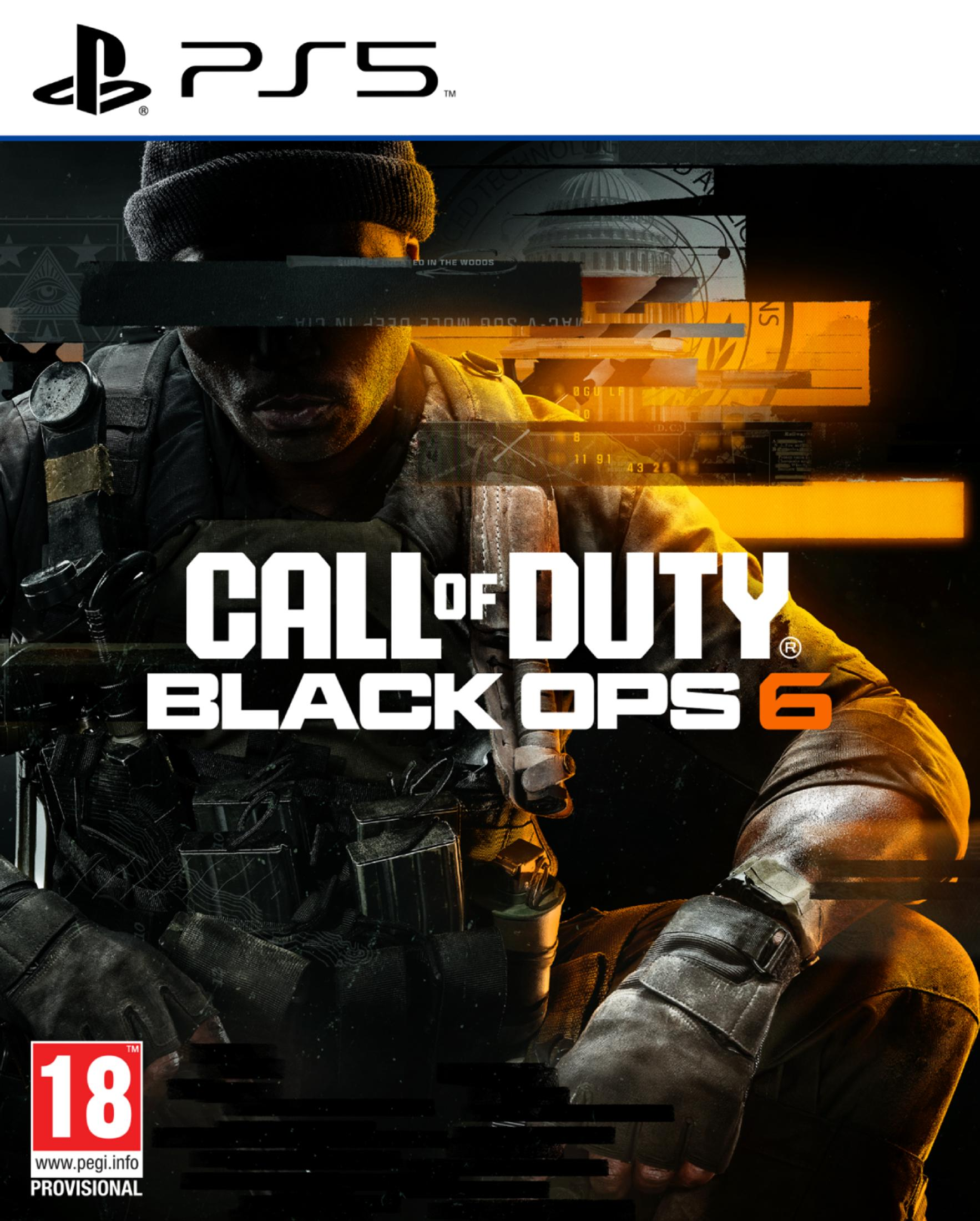 Copertina di Call of Duty Black Ops 6 PS5 con un soldato e simboli governativi.