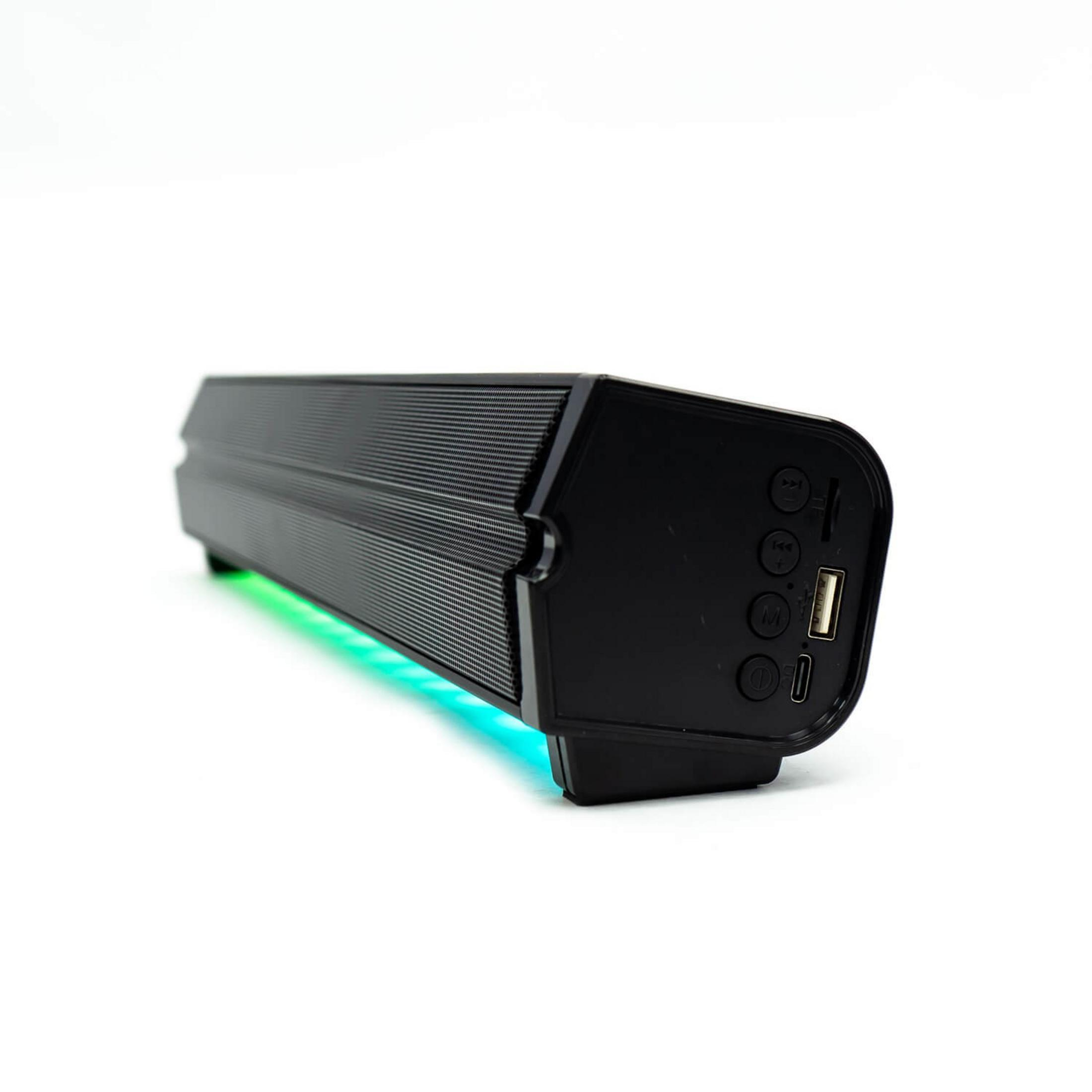Schwarzer Lautsprecher mit blauer und grüner LED-Beleuchtung, mit Tasten und USB-Anschluss.