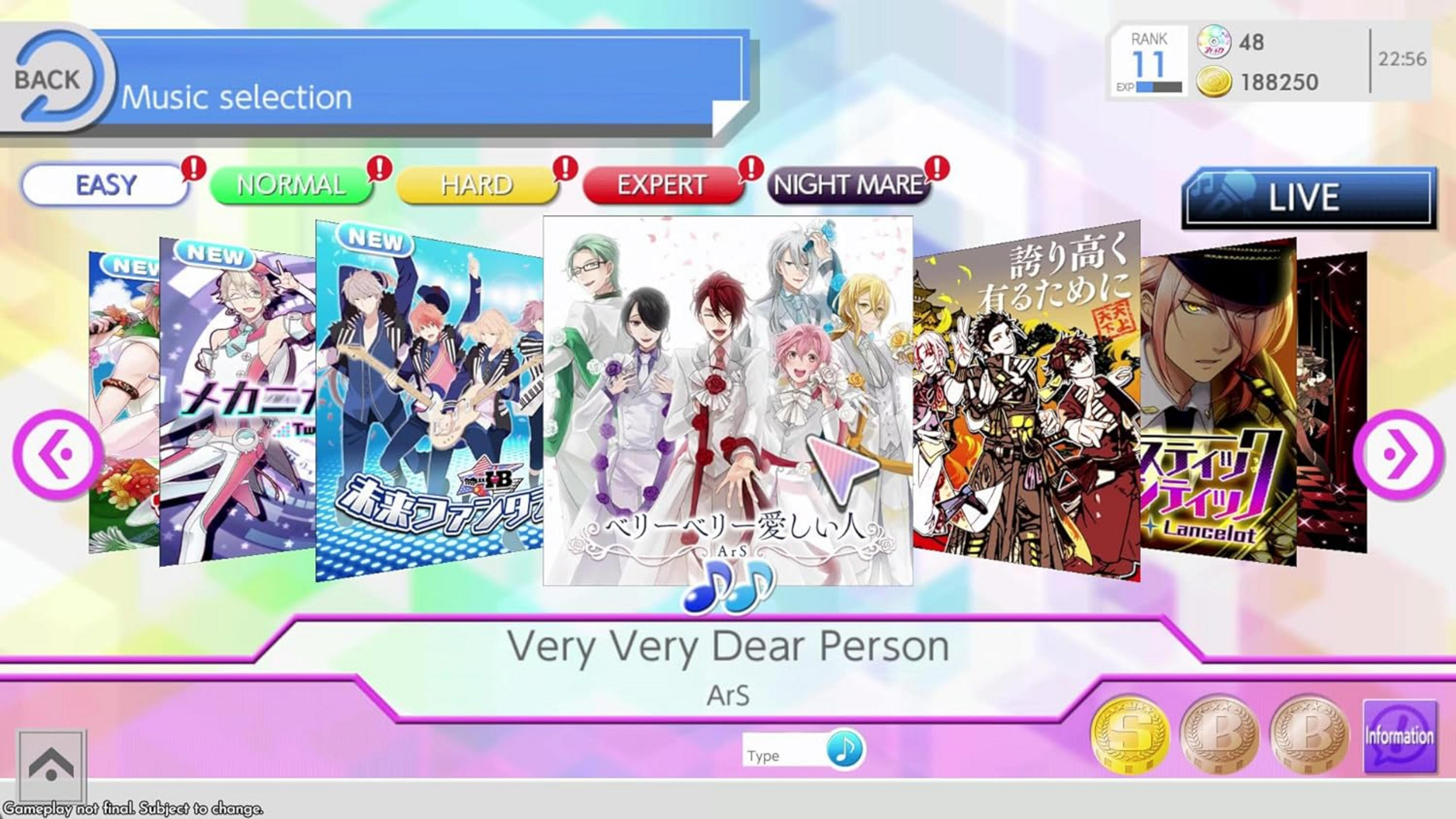 Schermata di selezione musicale con personaggi anime e riquadri di canzoni.