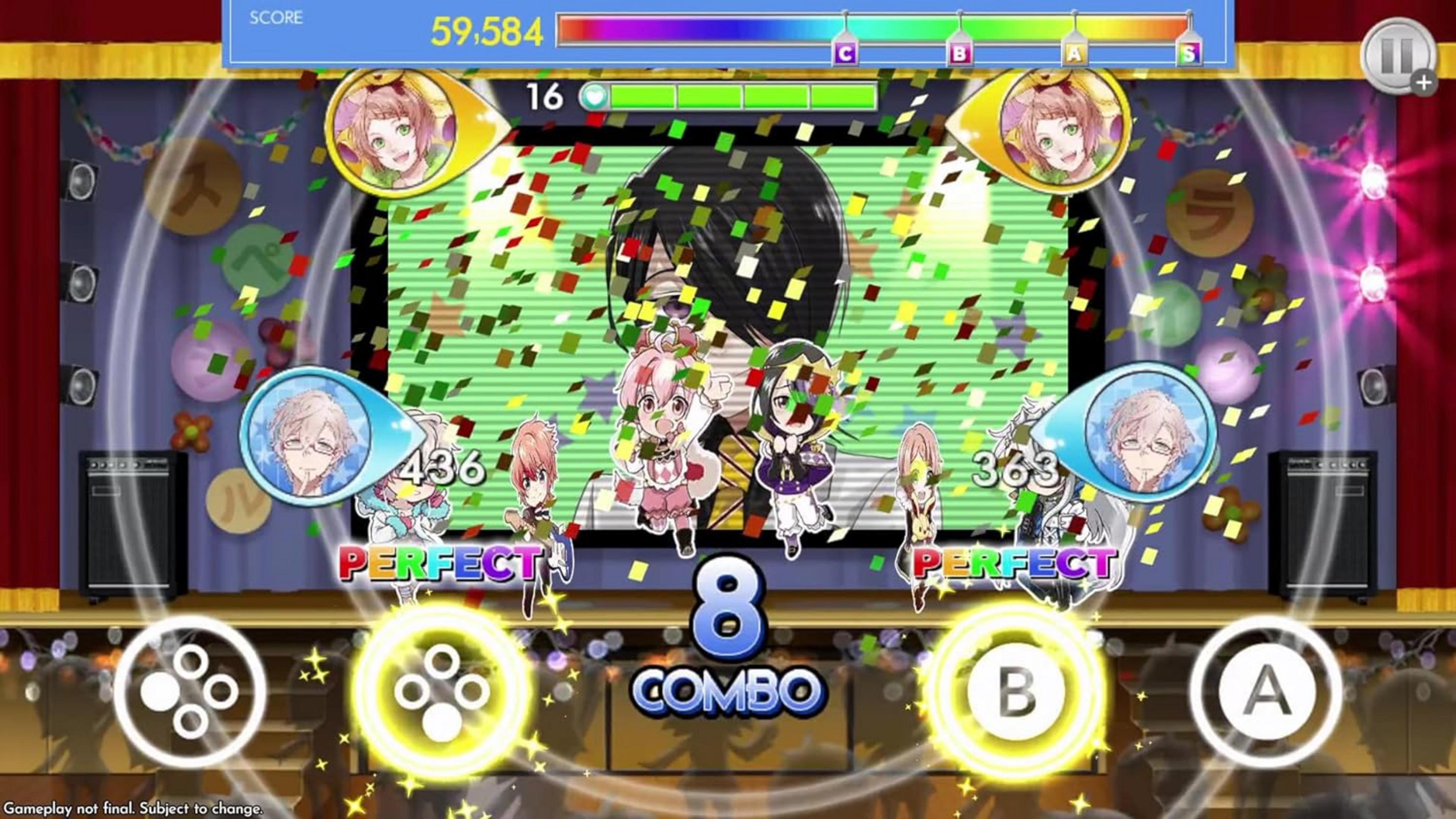 Personaggi anime giocano a un gioco ritmico con coriandoli e display.