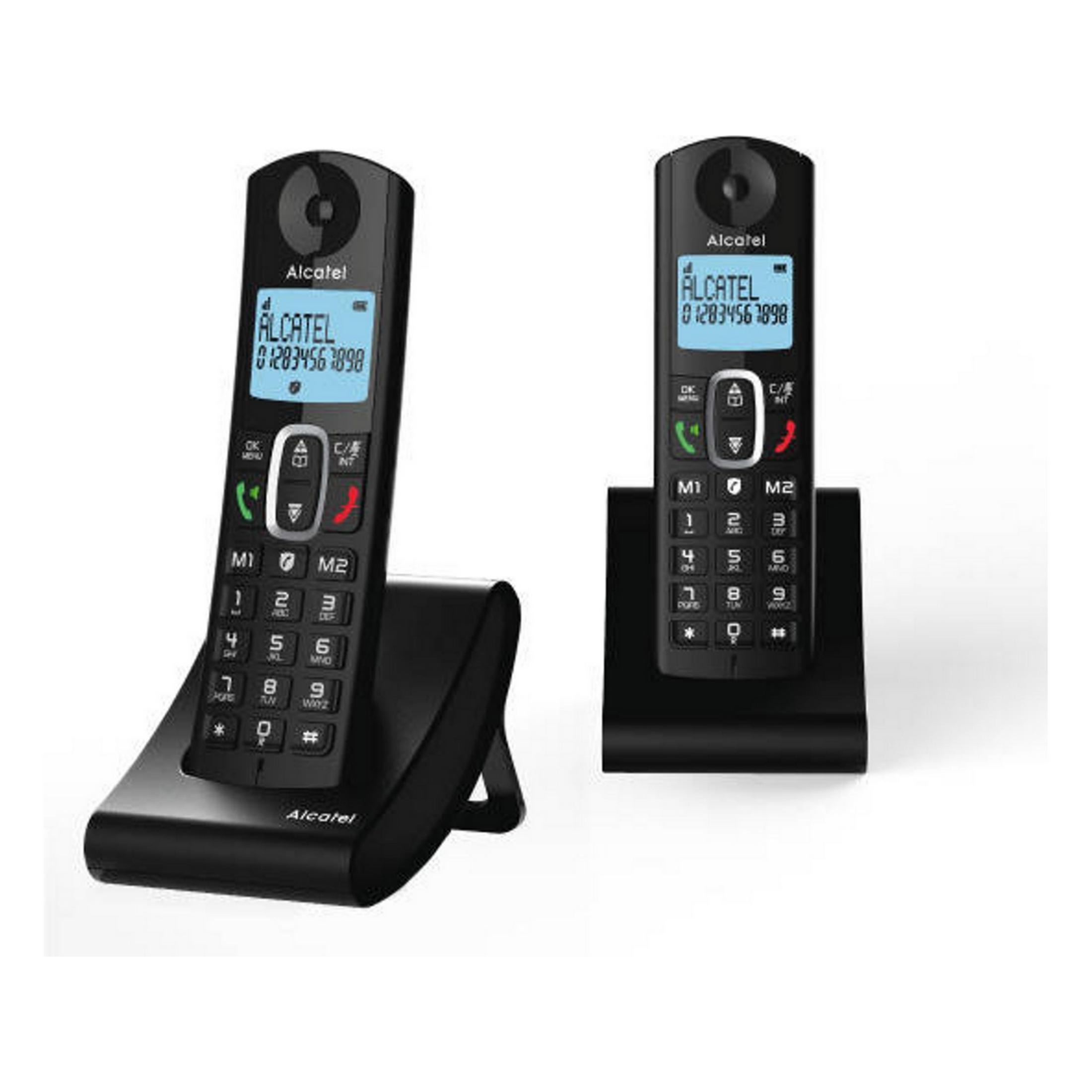 Due telefoni cordless Alcatel neri su basi di ricarica, su sfondo bianco.