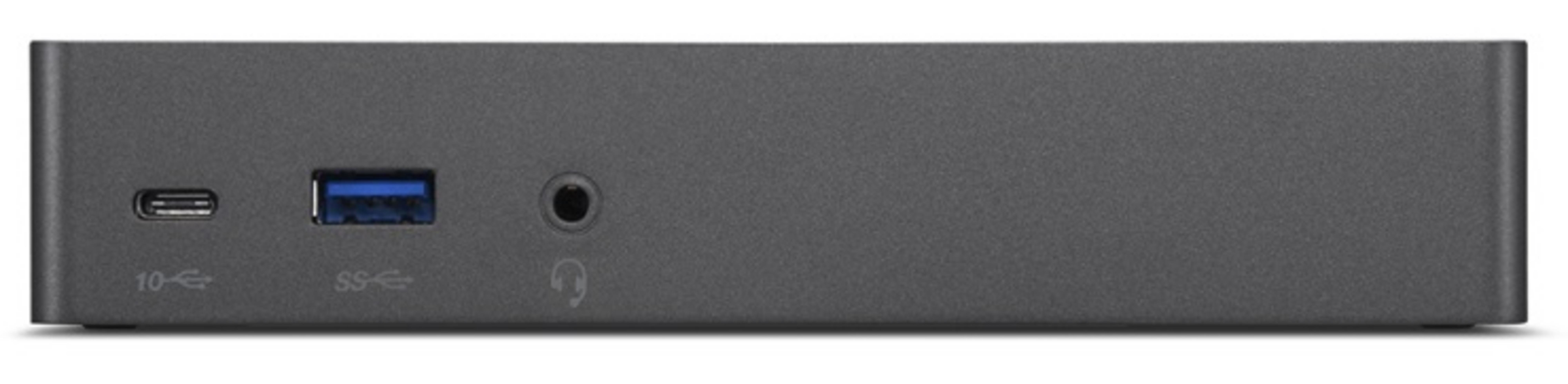 Graues Gehäuse mit Anschlüssen: USB-C, USB-A, Kopfhörerbuchse.