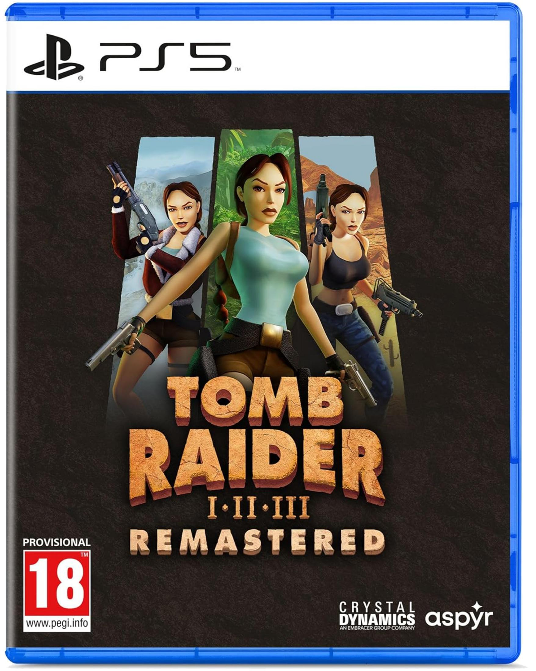 La portada muestra a Lara Croft con armas frente a varios fondos.