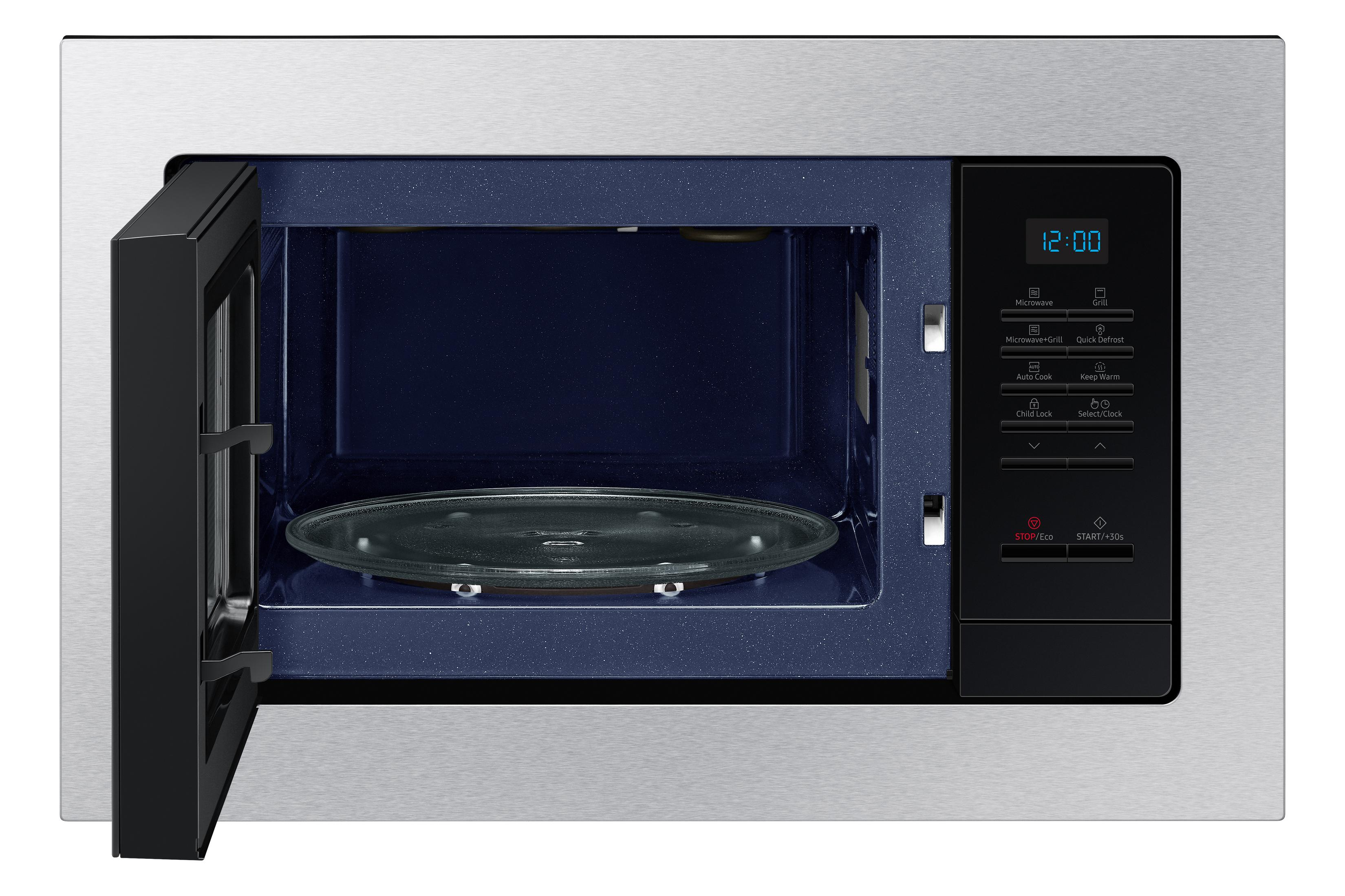 Stainless steel microwave with open door, blue interior, and digital display.