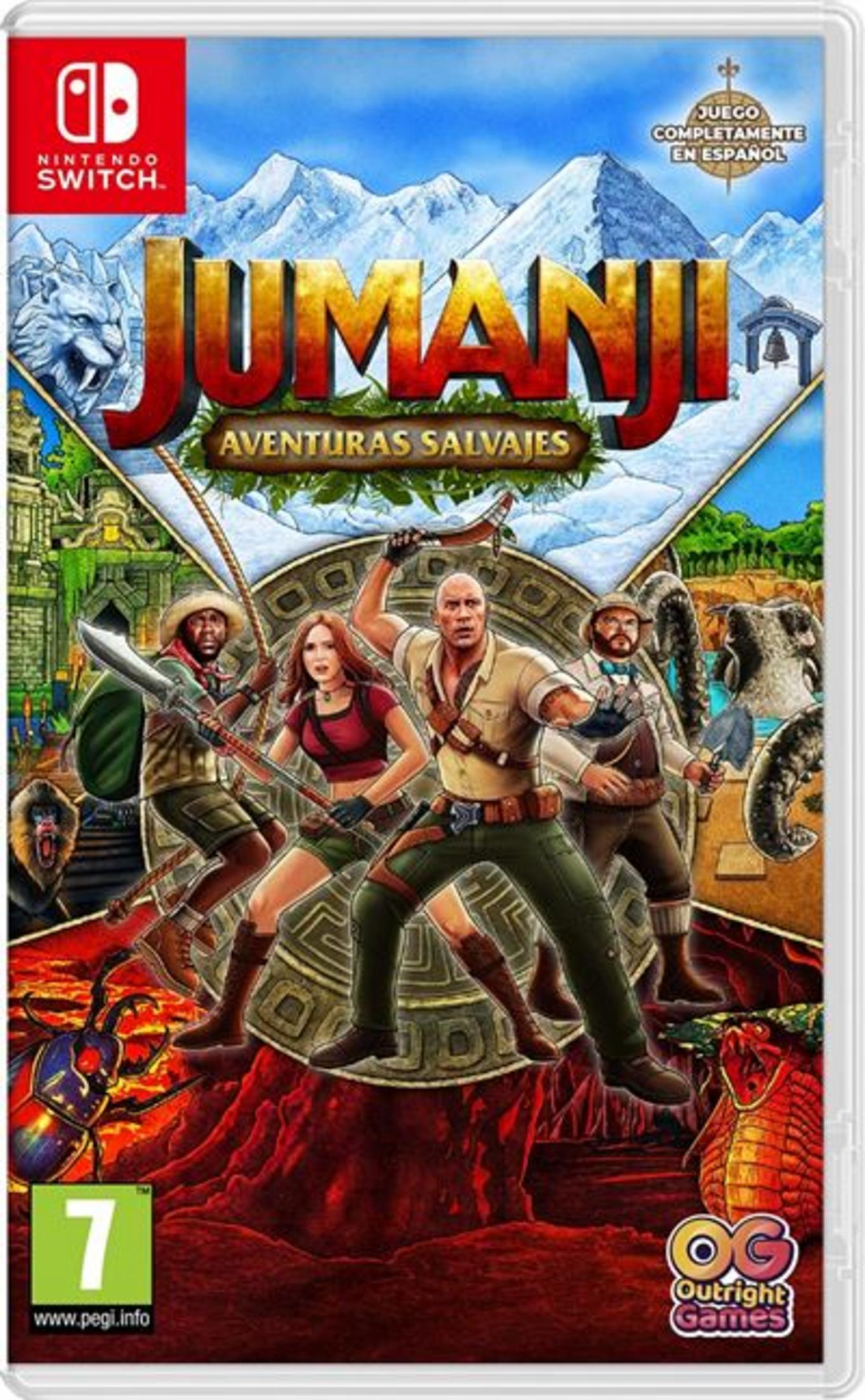 Portada de Jumanji: Cuatro aventureros con equipo de jungla ante montañas nevadas y ruinas antiguas.