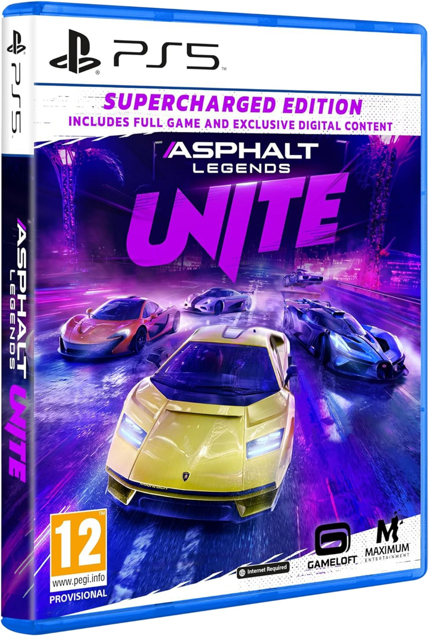 Custodia gioco PS5 con auto da corsa sotto le luci al neon. "Asphalt Legends Unite".