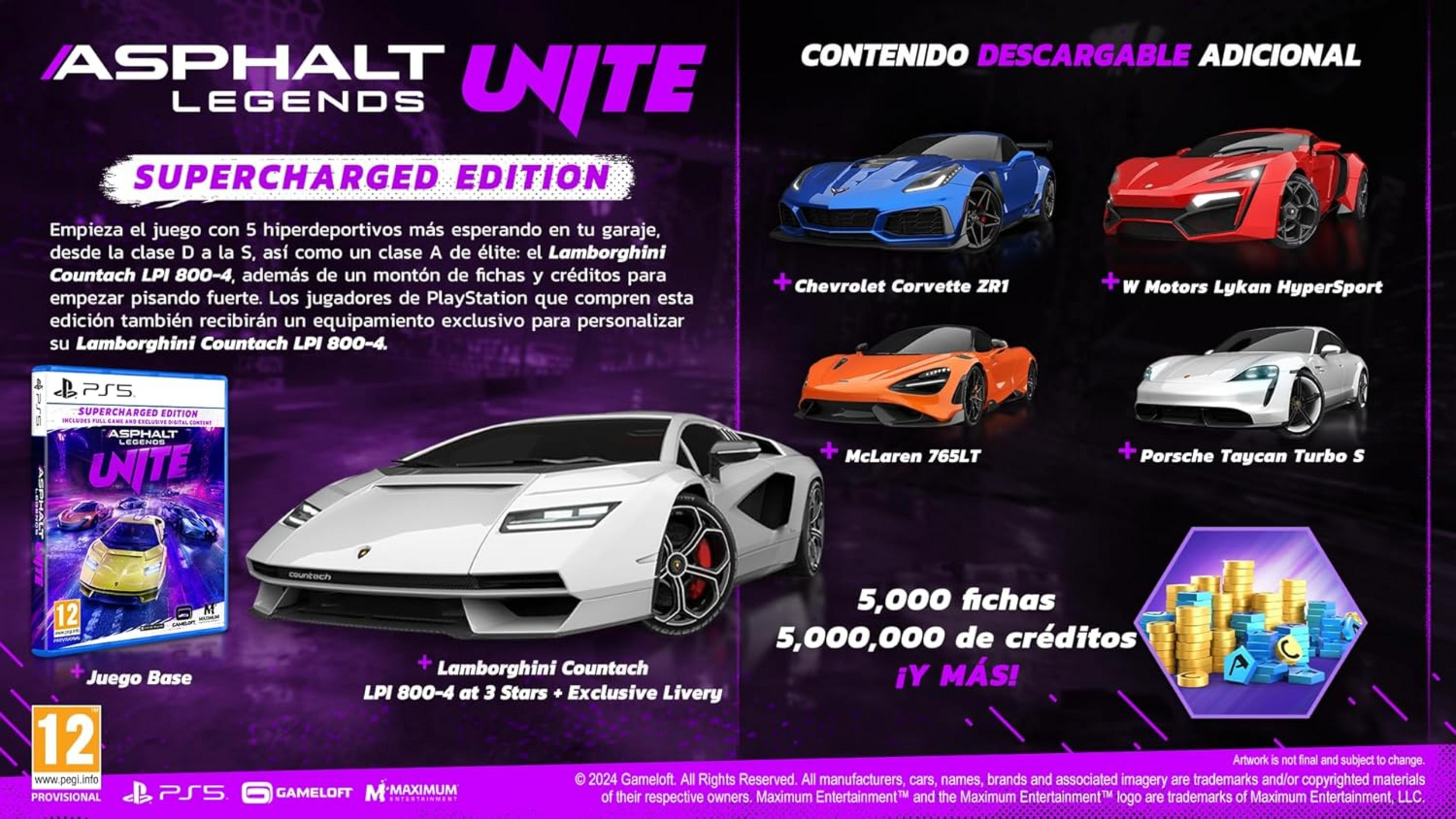 Banner promozionale per Asphalt Legends Unite Supercharged Edition con auto e dettagli.