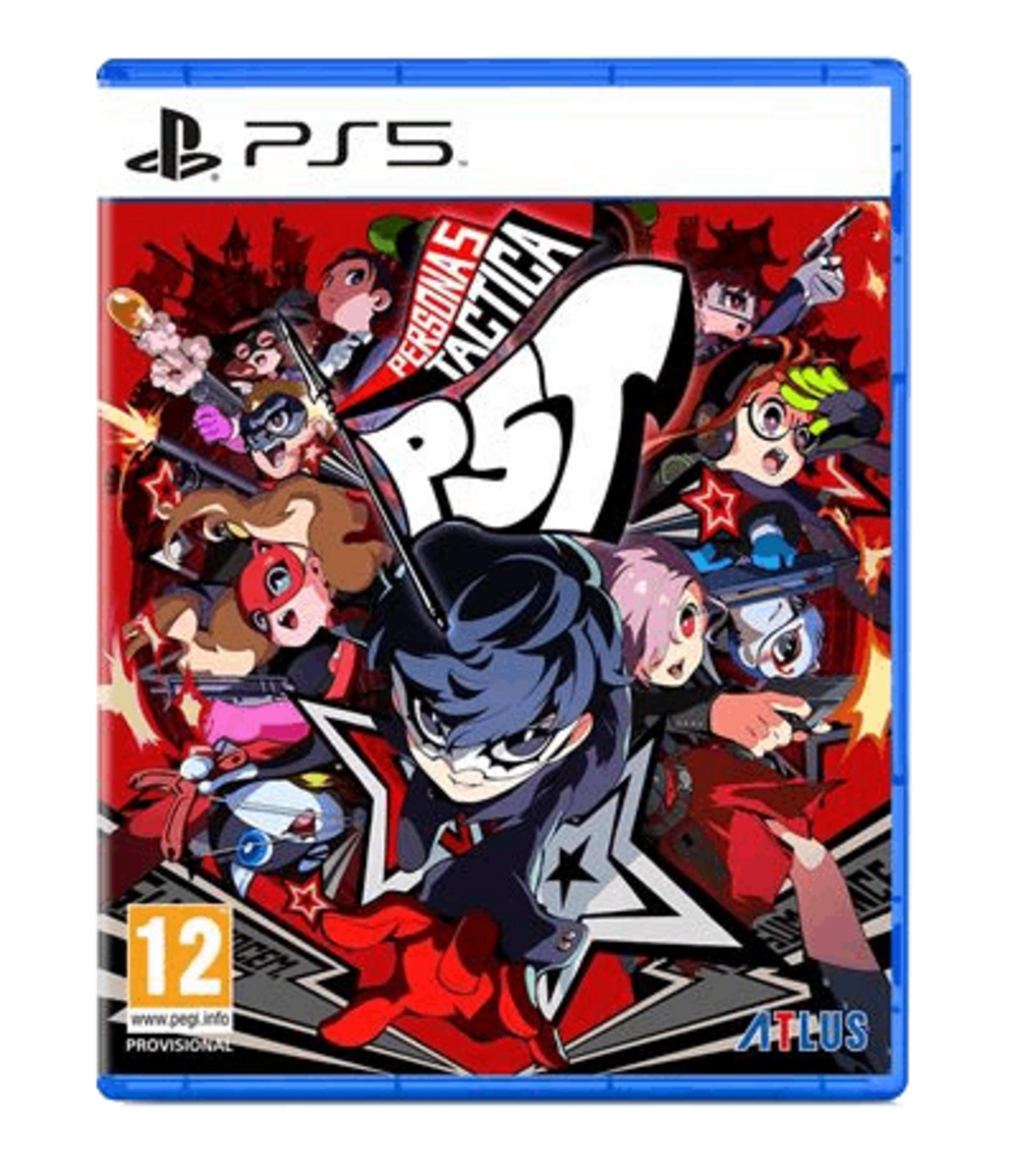 Funda de juego PS5 con personajes de anime, logo "Persona 5 Tactica" y calificación 12.