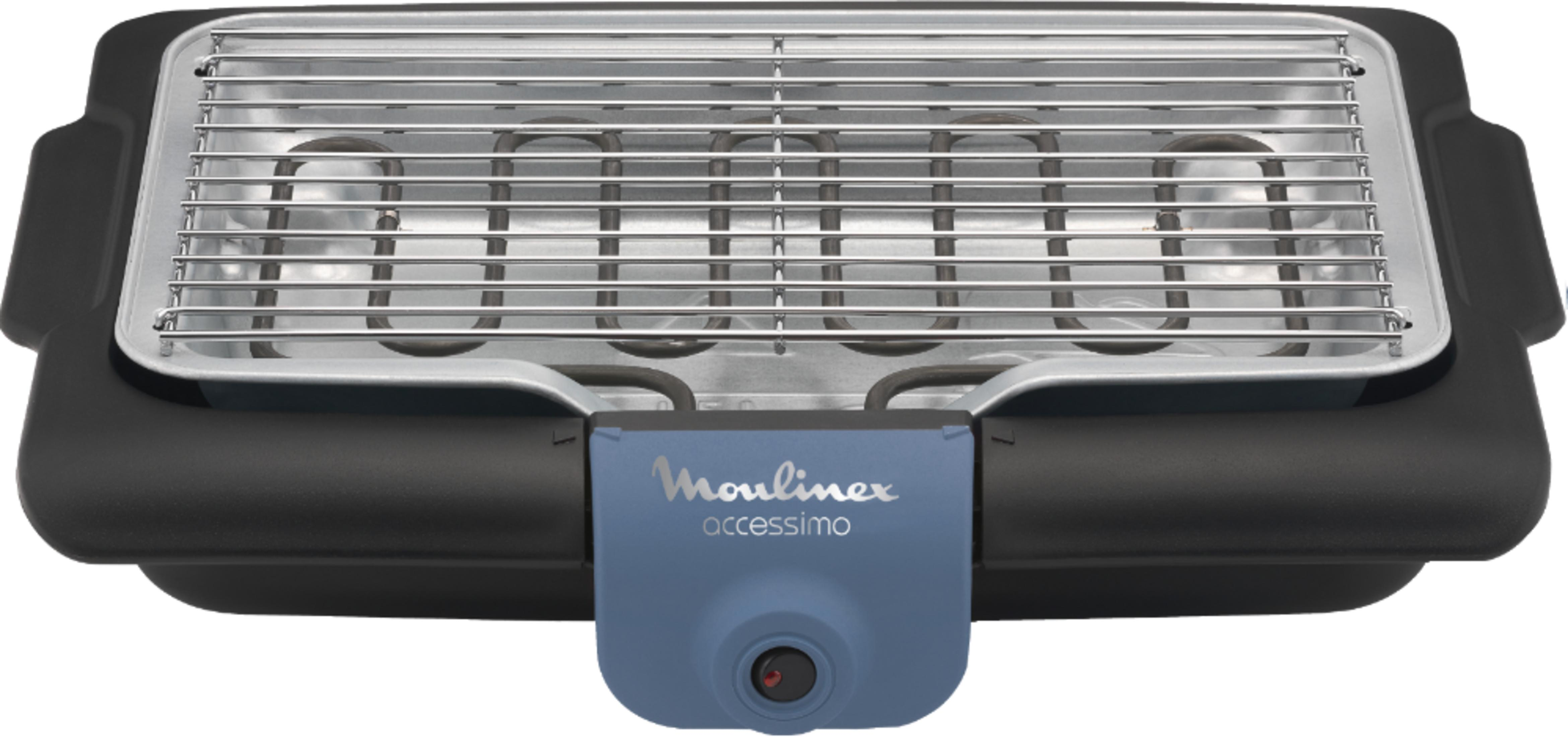 Grill elettrico da tavolo con griglia cromata e base nera. Frontale blu.