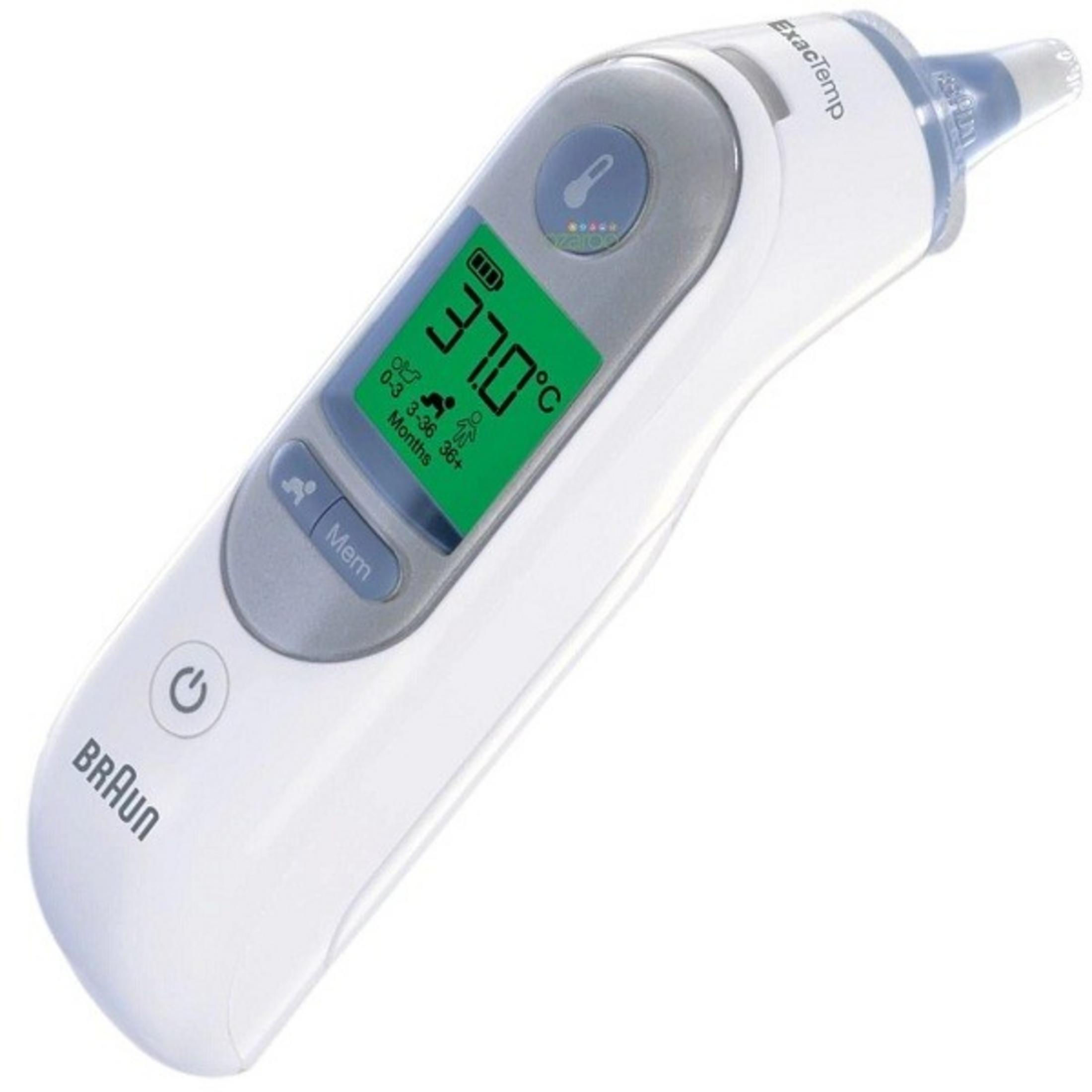 Un termometro Braun bianco con display verde mostra 37.0°C.
