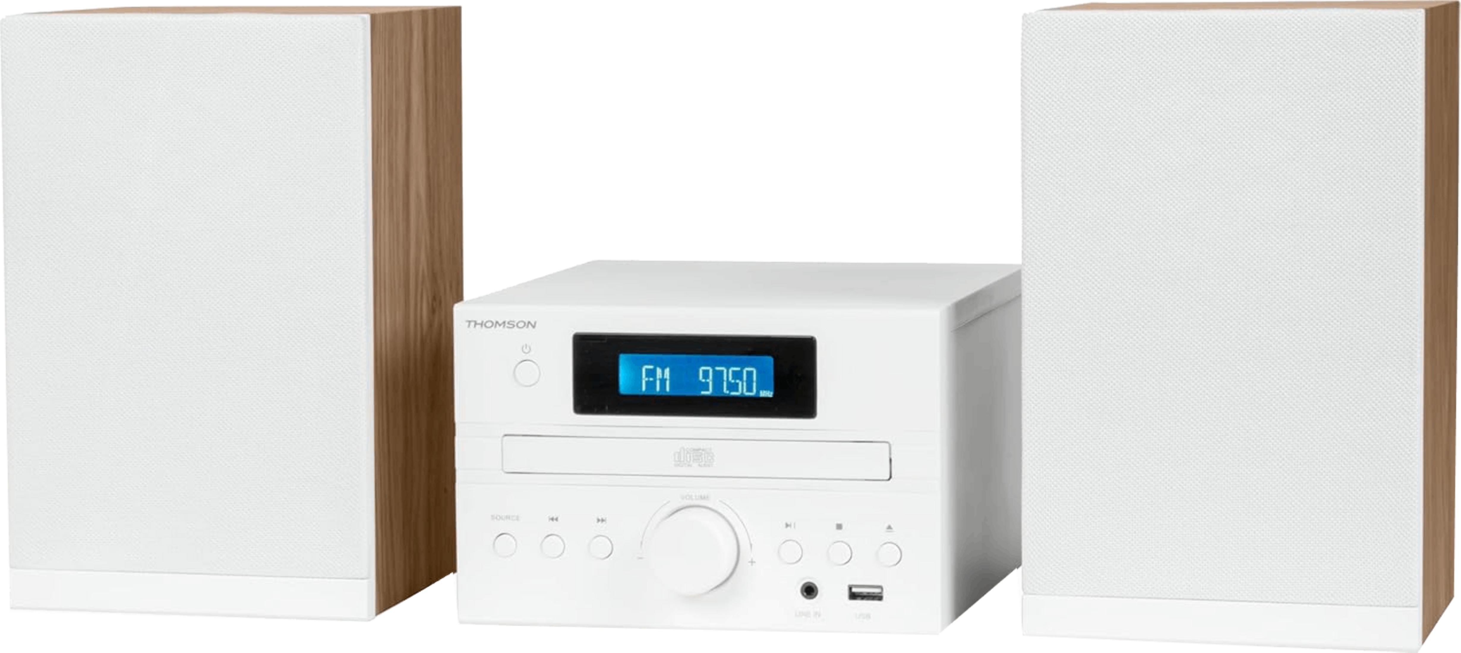 Un sistema stereo Thomson bianco con lati in legno sugli altoparlanti.