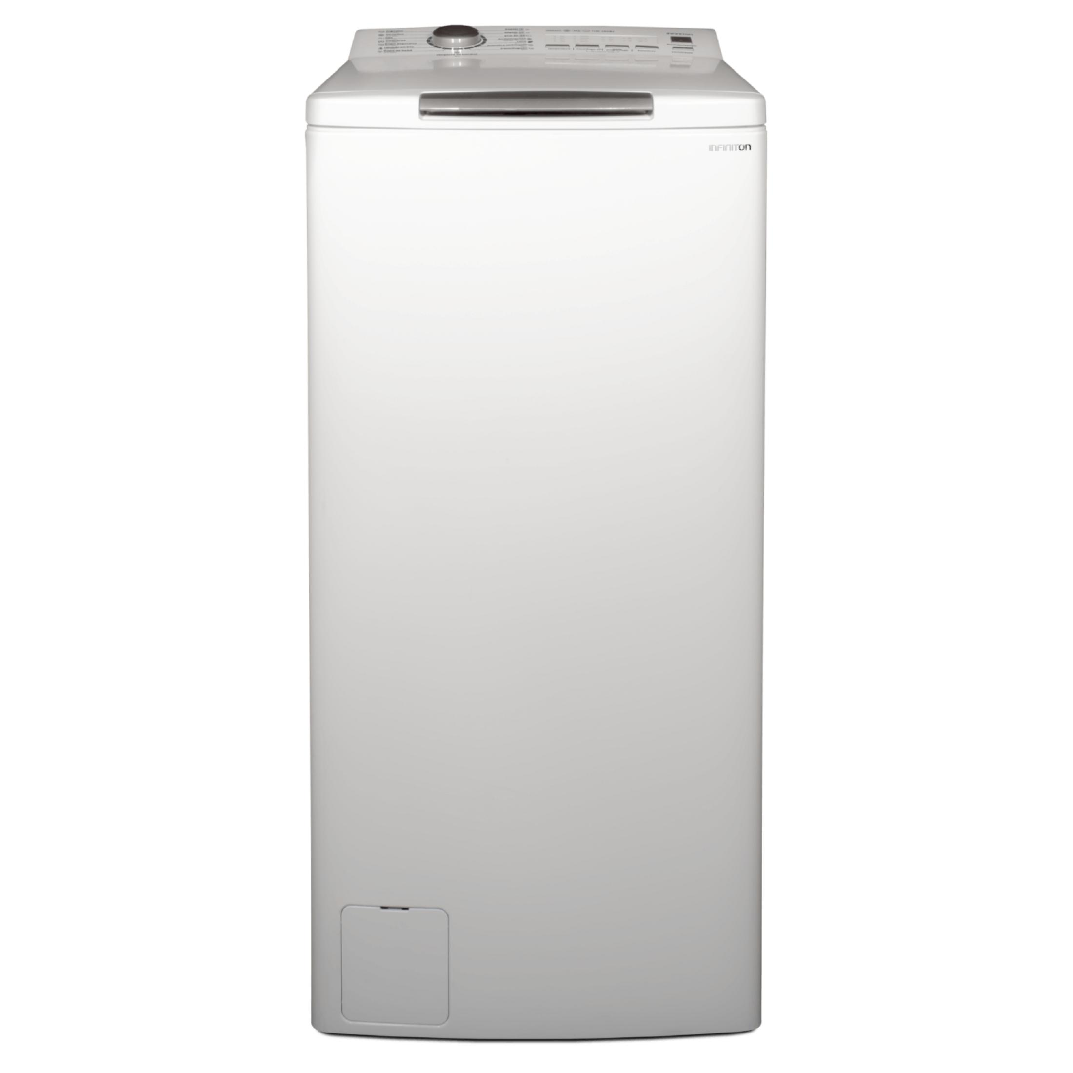 Una lavadora blanca con panel de control y puerta.