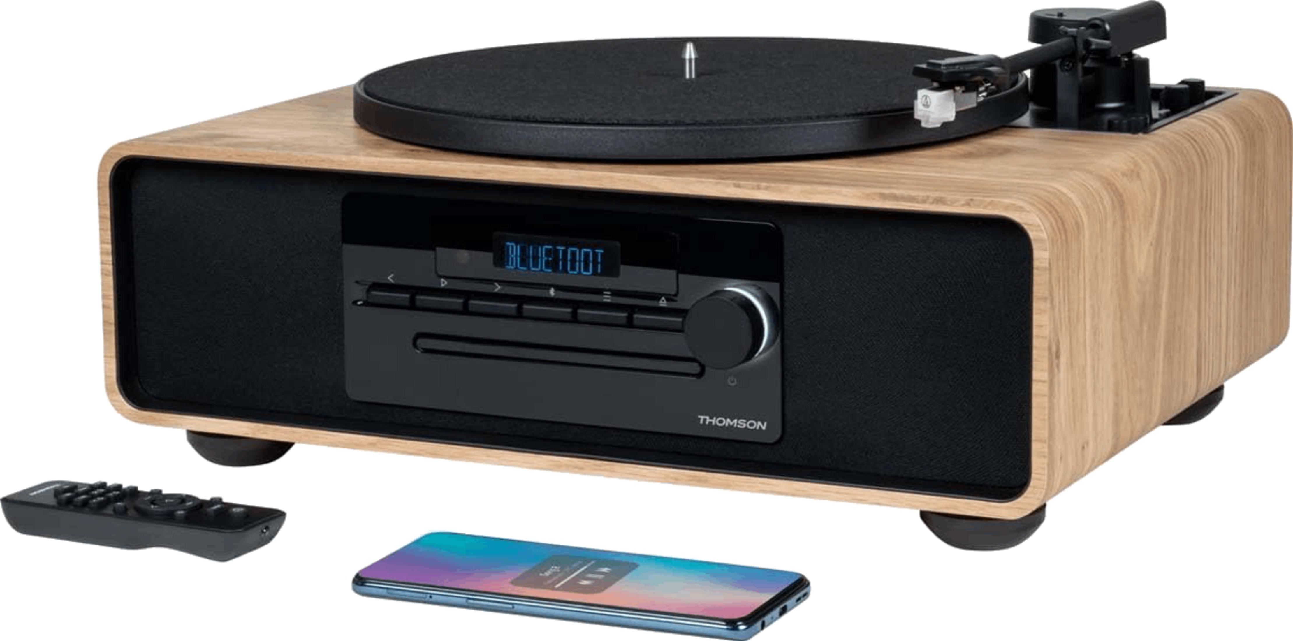 Giradischi con Bluetooth, lettore CD, telecomando e smartphone.