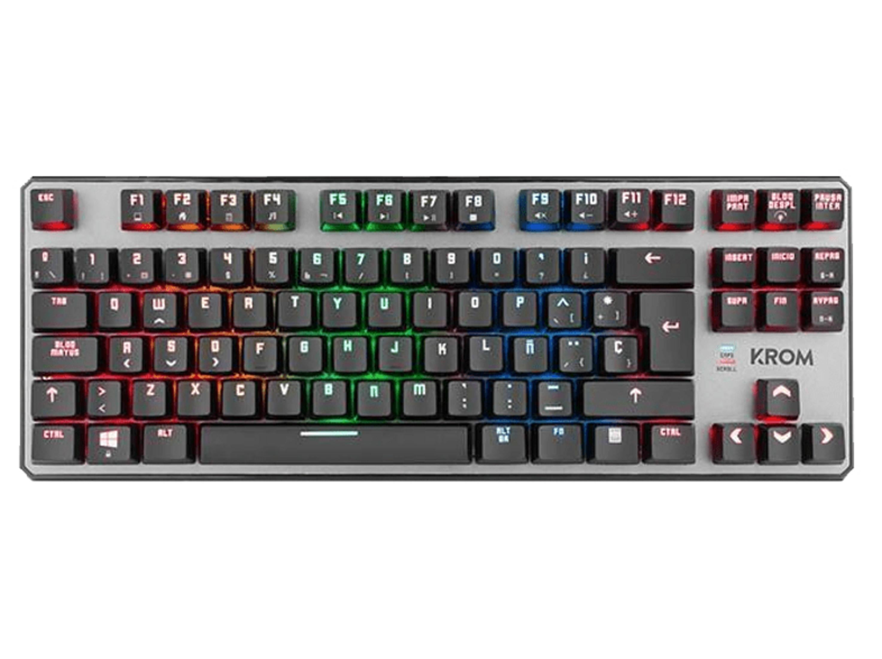 Tastiera nera con cornice argentata e retroilluminazione RGB.