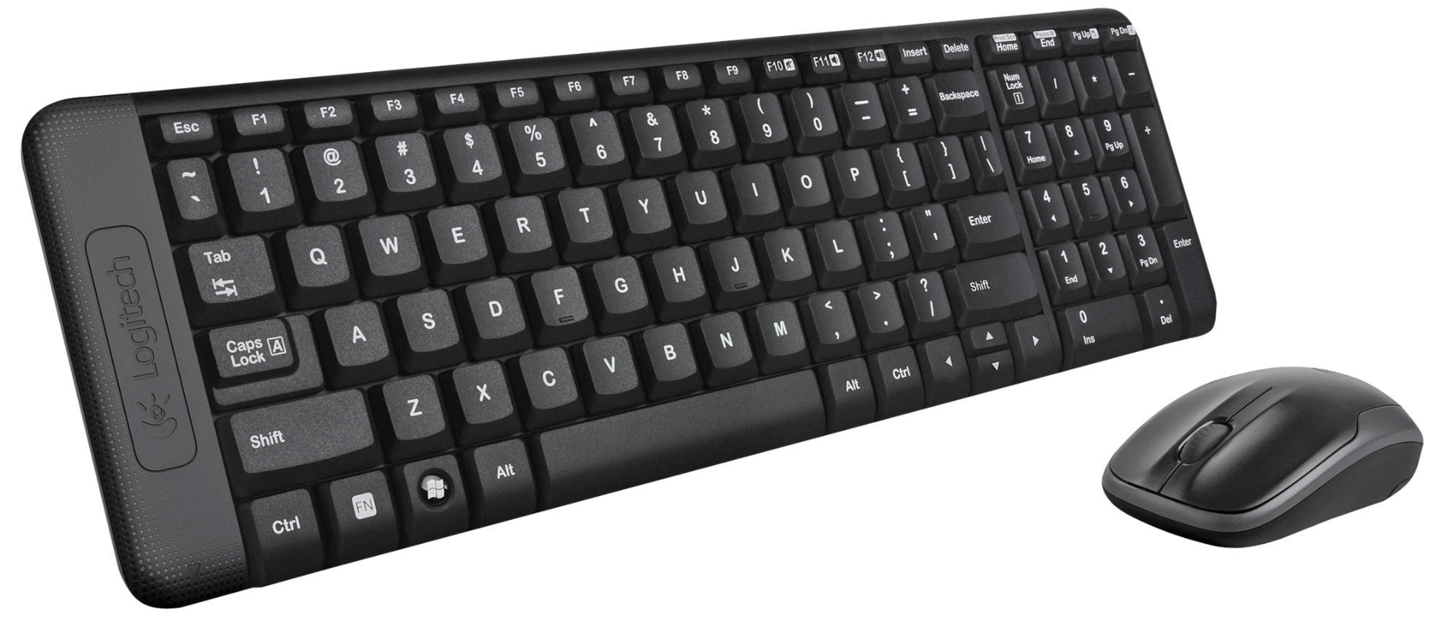 Un teclado y ratón Logitech negros colocados uno al lado del otro sobre fondo blanco.