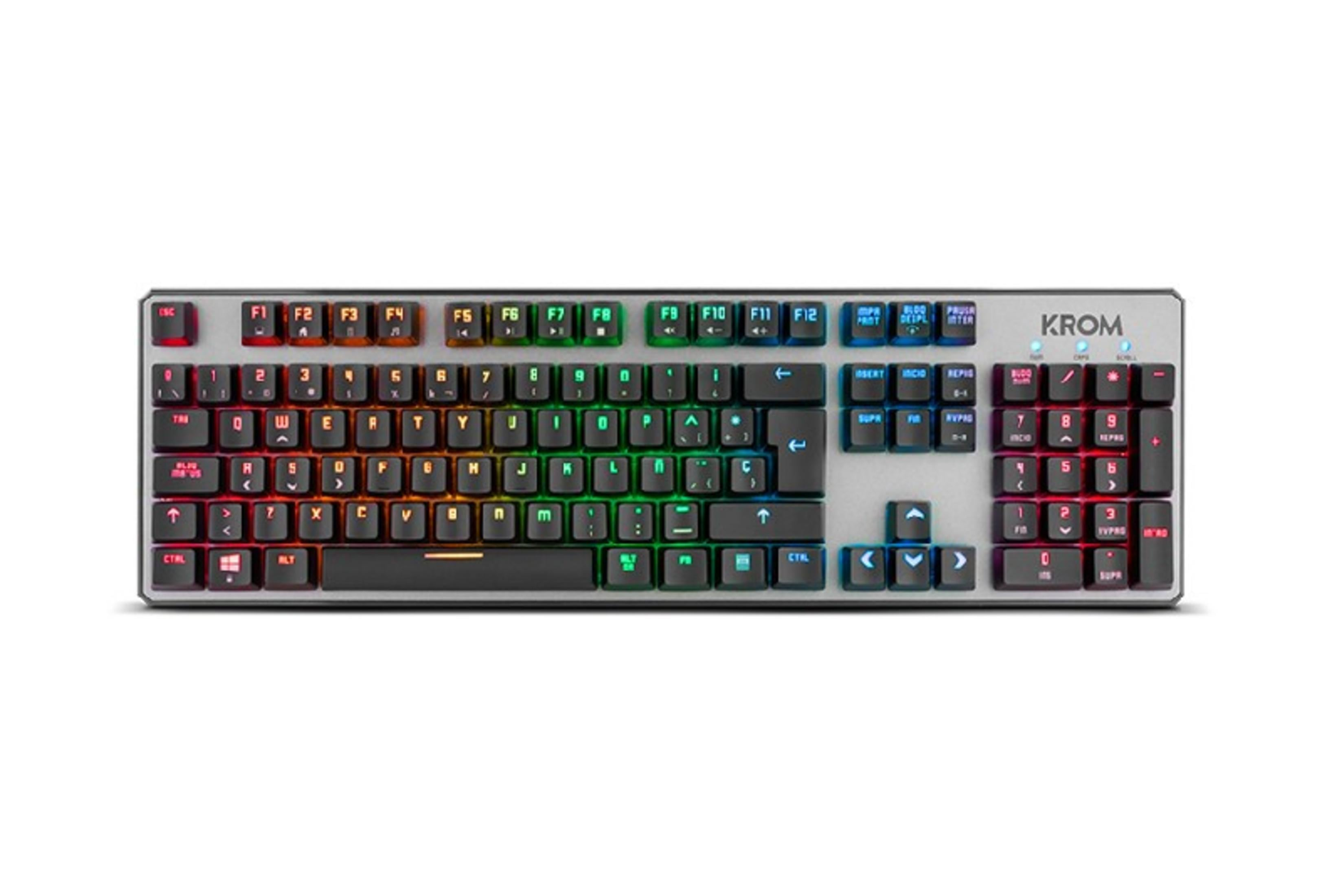 Una tastiera grigia con tasti retroilluminati RGB e logo KROM.