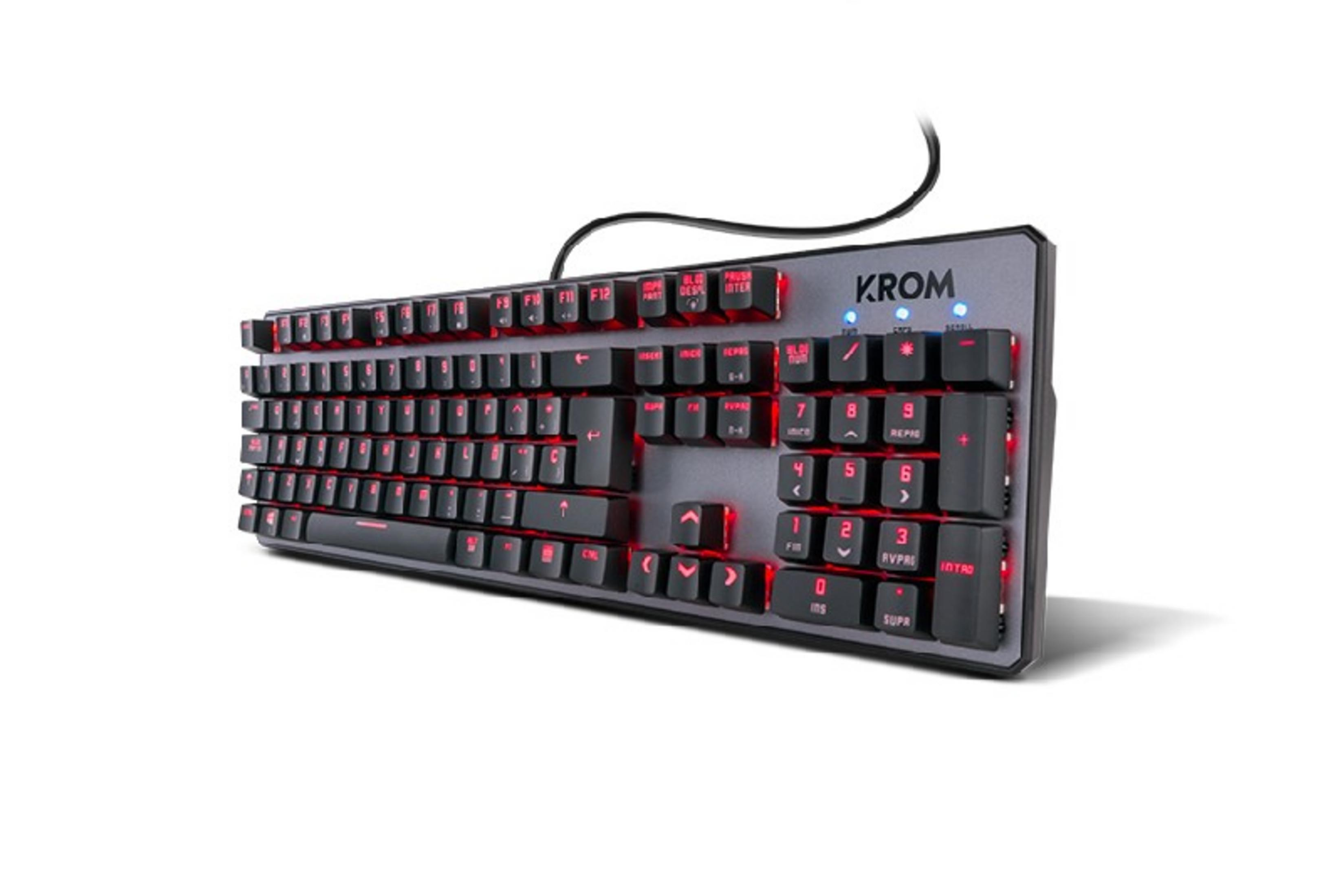 Una tastiera grigia con illuminazione rossa dei tasti e logo KROM.