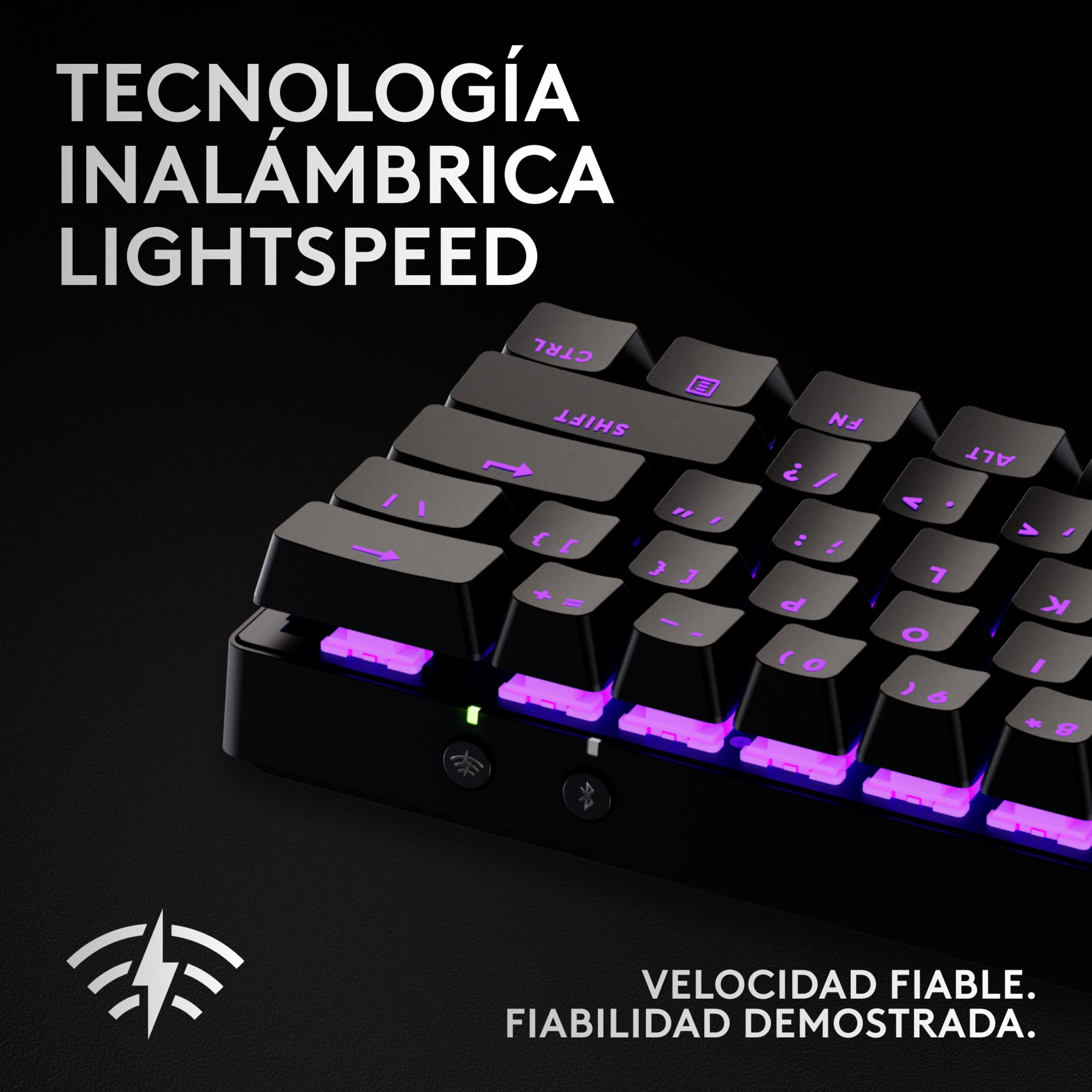 Tastiera nera con retroilluminazione viola e testo.