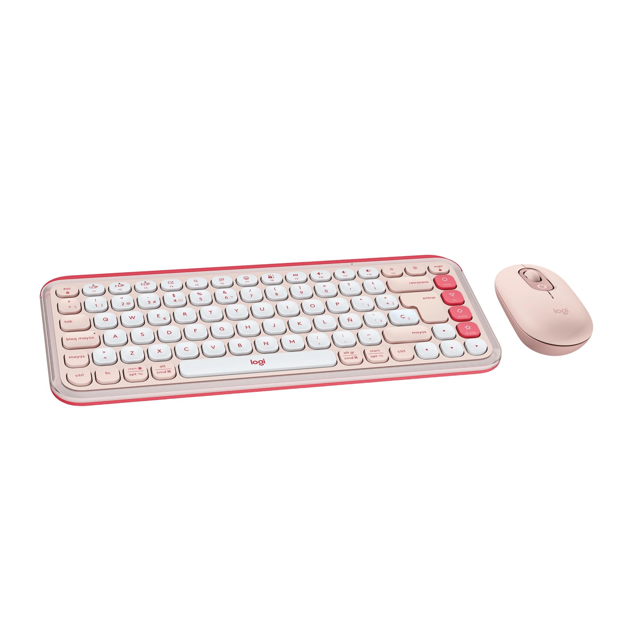 Una tastiera e un mouse Logitech rosa sono uno accanto all'altro su sfondo bianco.
