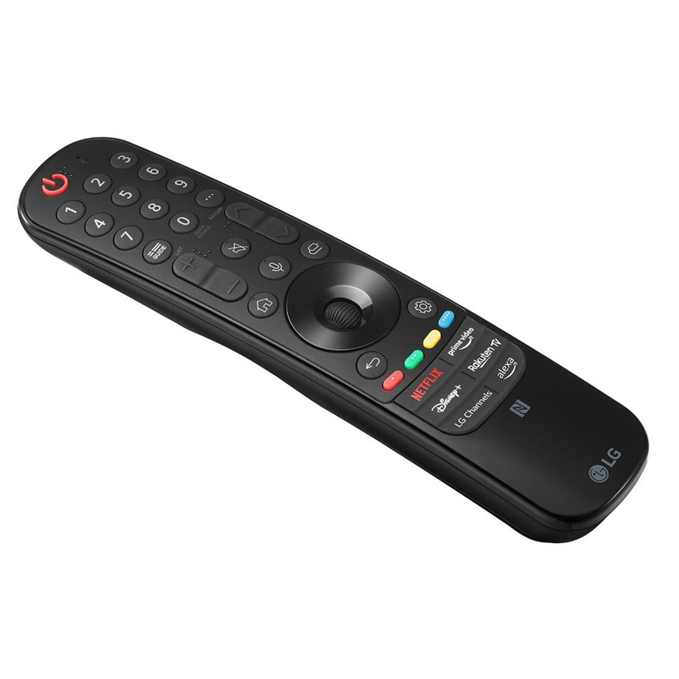 Mando a distancia LG negro con botones e iconos de servicios de streaming.