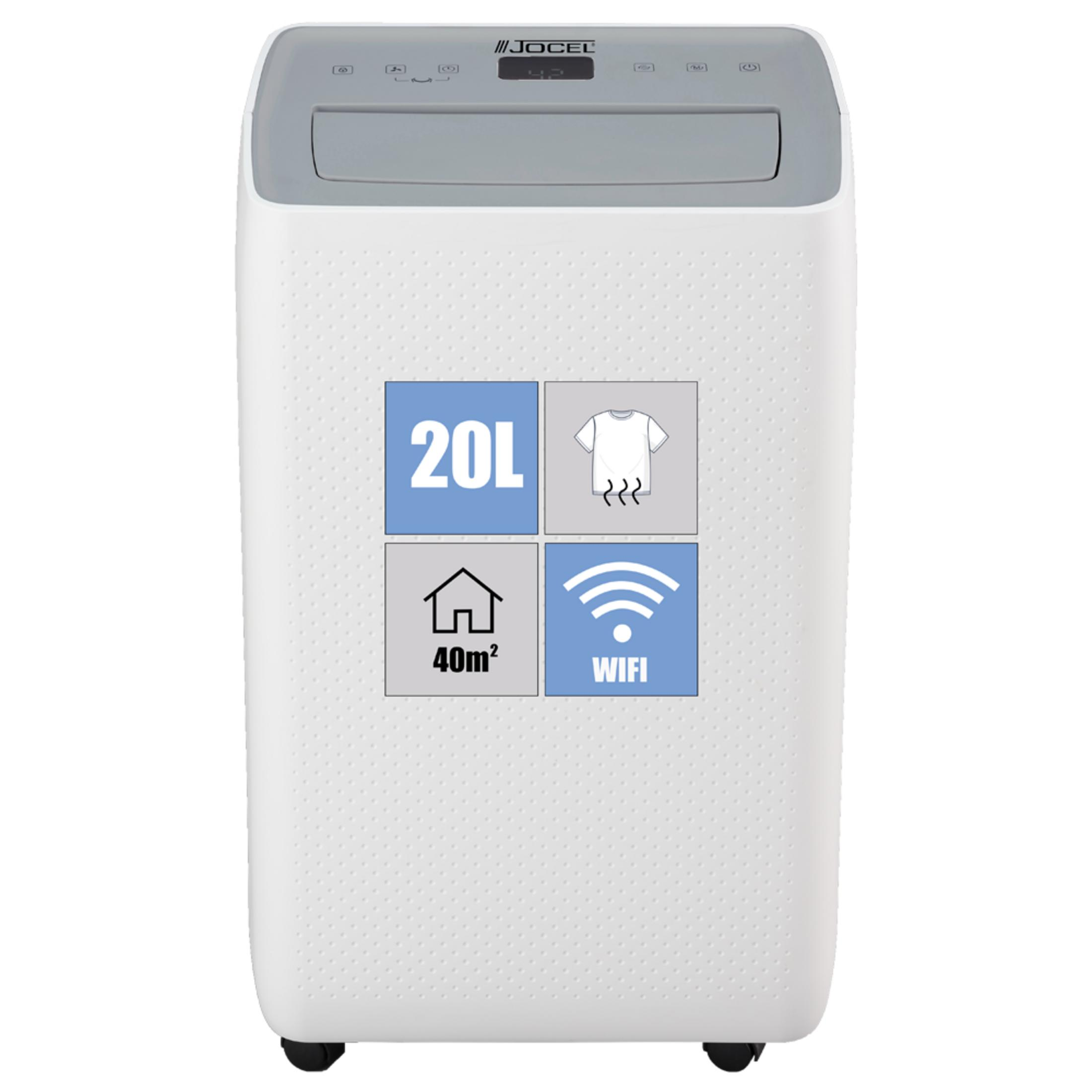 Un deshumidificador blanco Jocel, 20L, secadora, 40m² y WiFi.