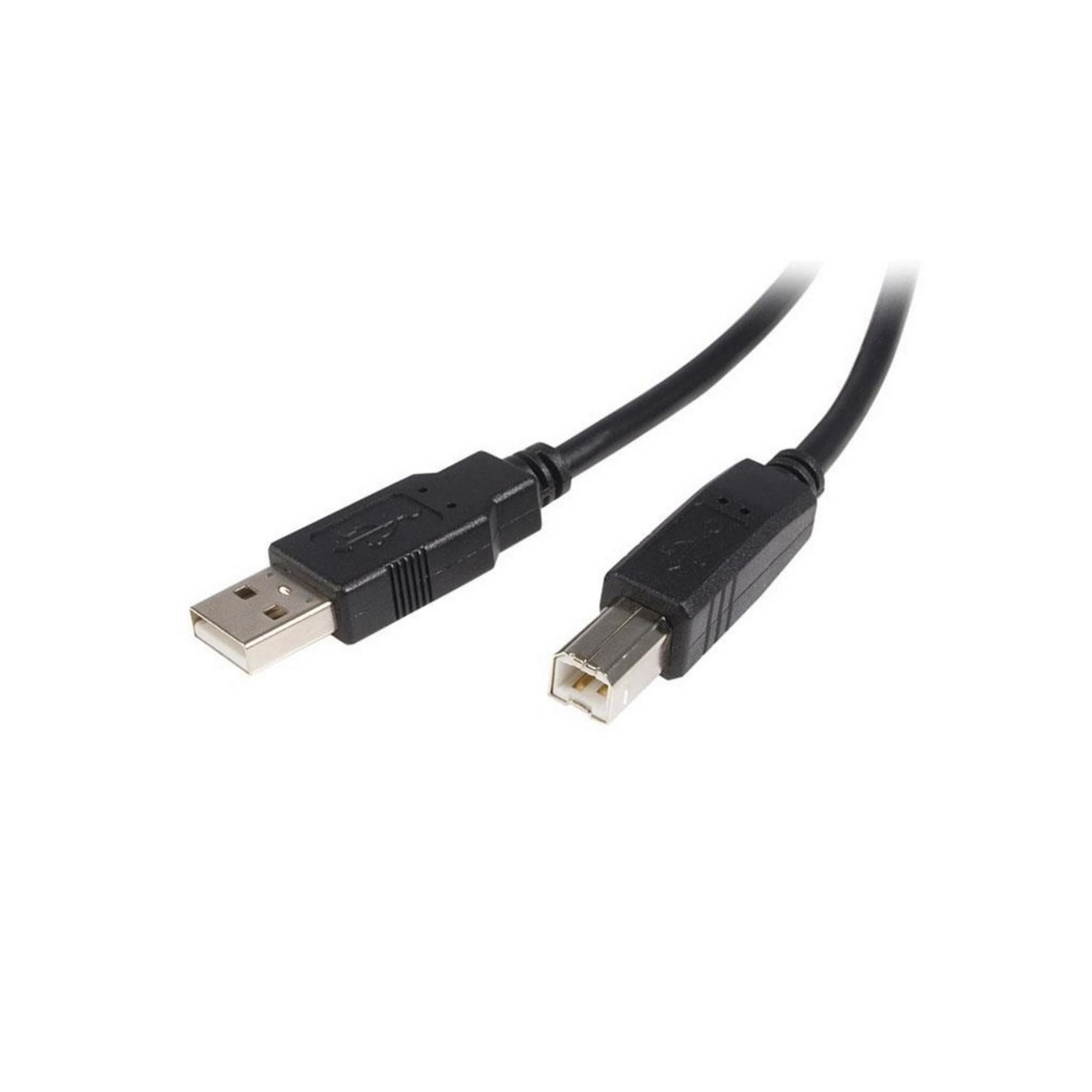 Un cavo USB nero con connettore di tipo A e di tipo B.
