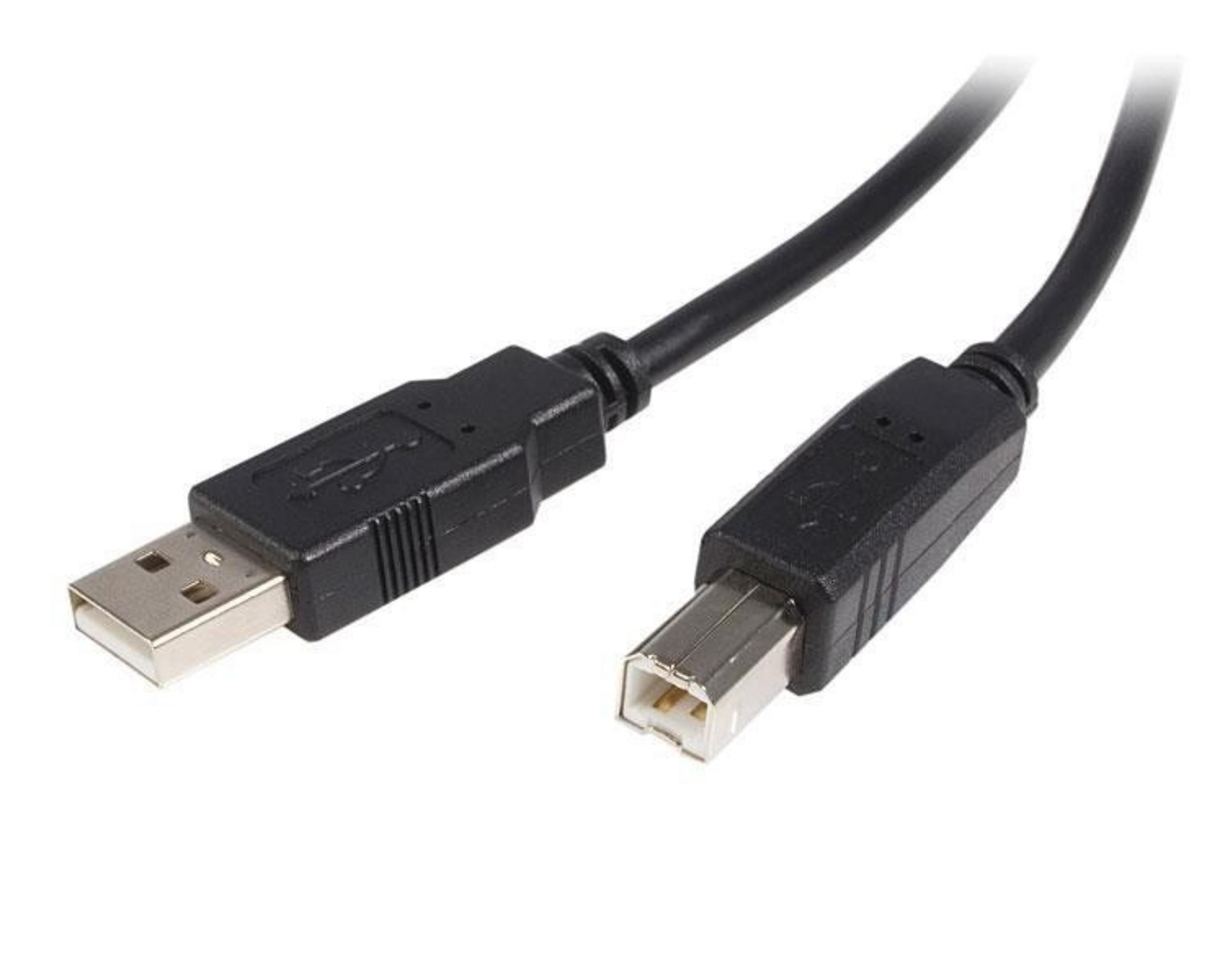 Un cavo USB nero con connettori Type-A e Type-B su sfondo bianco.