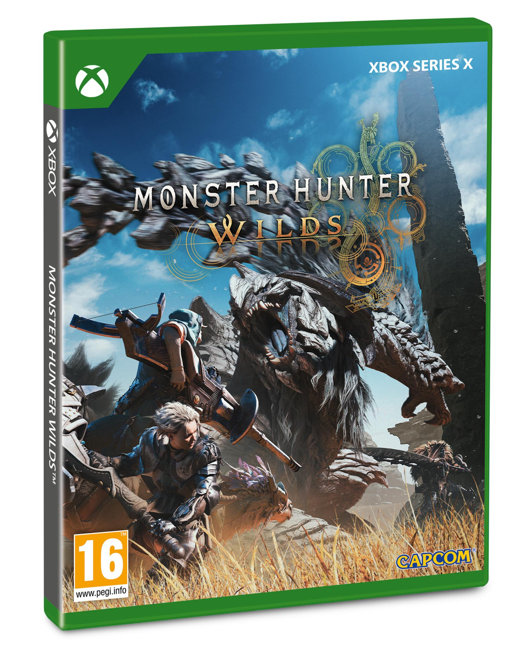Copertina di Monster Hunter: Wilds Xbox Series X con cacciatori e un mostro sull'erba.