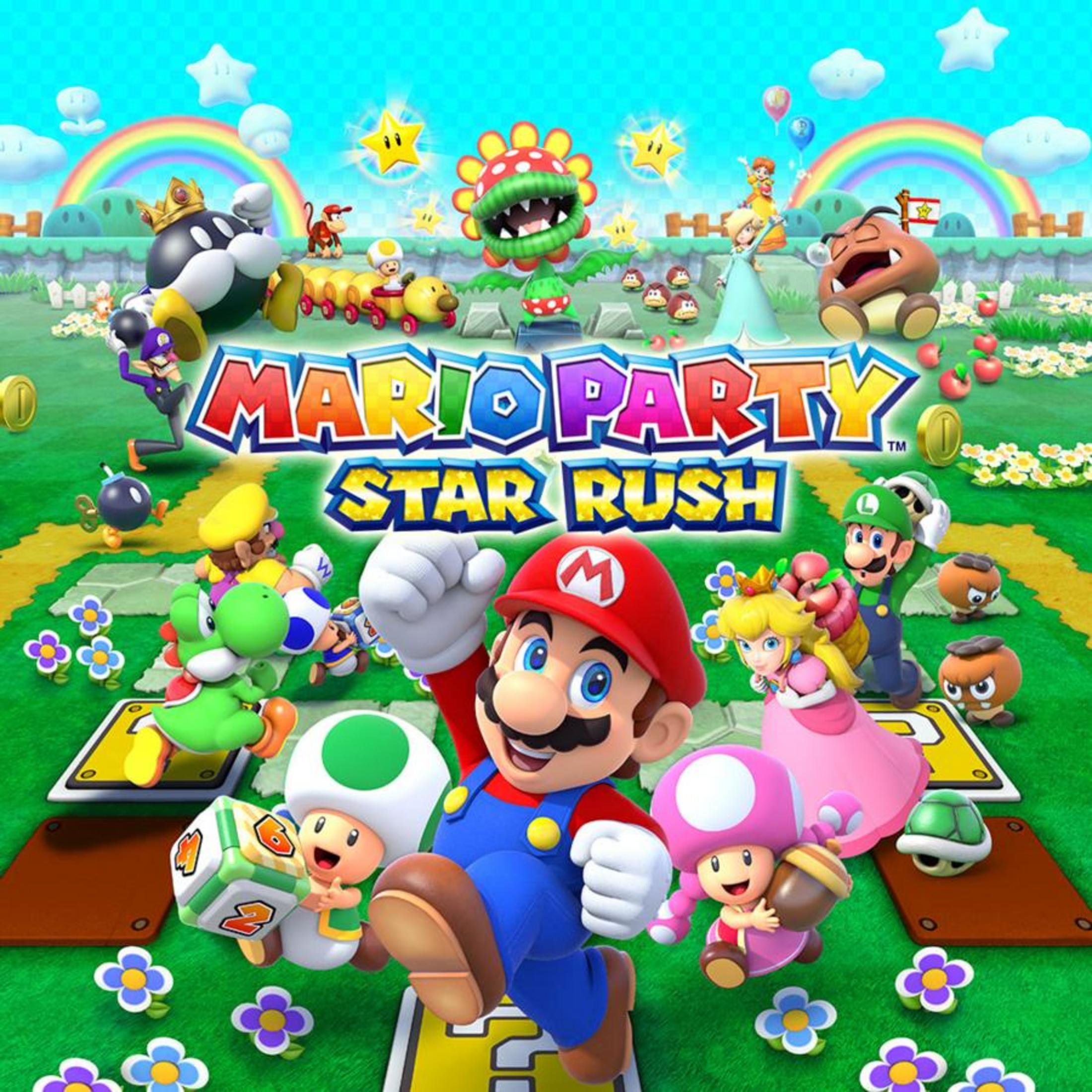 Arte del gioco Mario Party Star Rush con Mario, Peach, Luigi, Yoshi, Toad e Goomba.