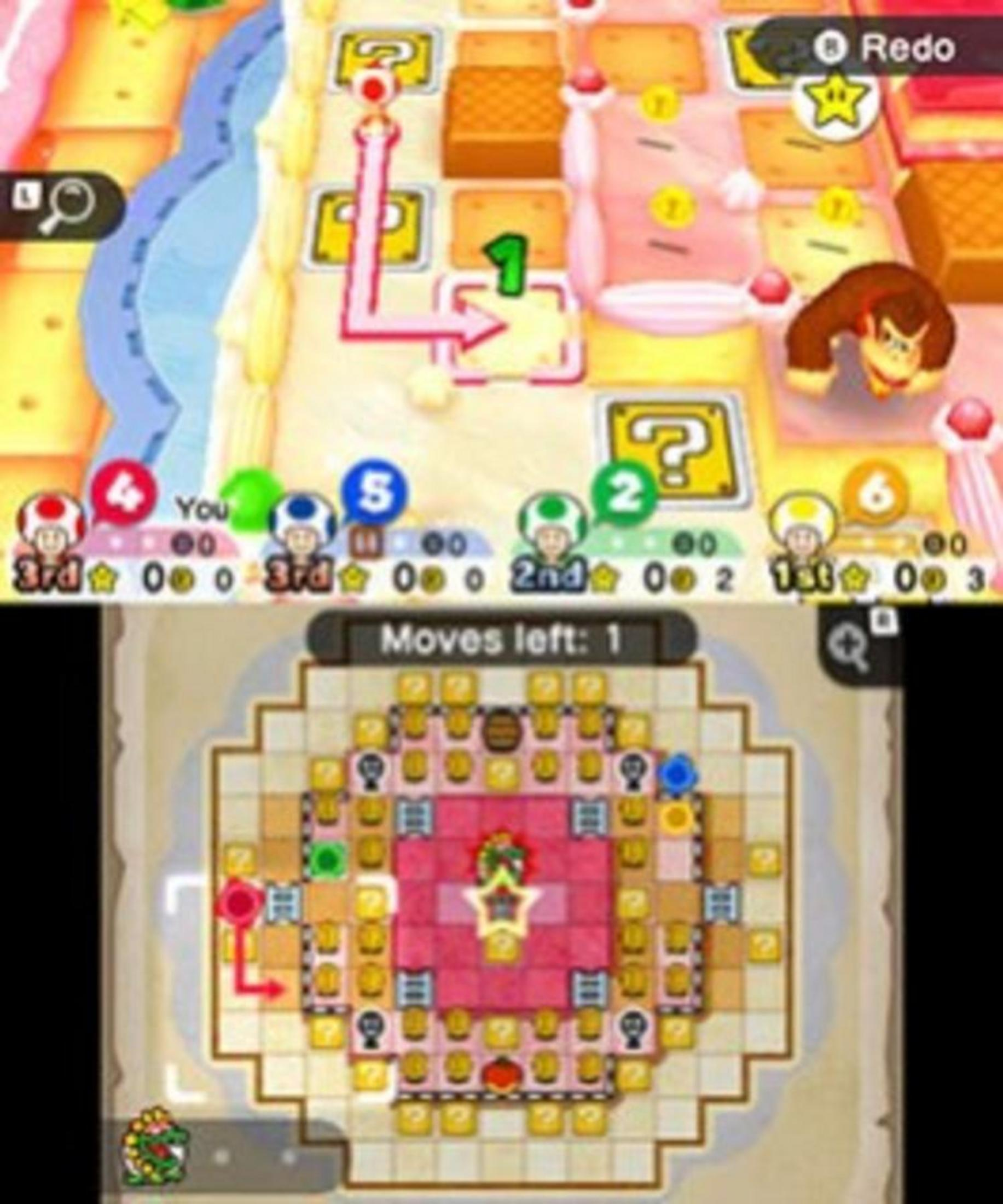 Gioco Mario Party con Toad, Donkey Kong e un tabellone con caselle.