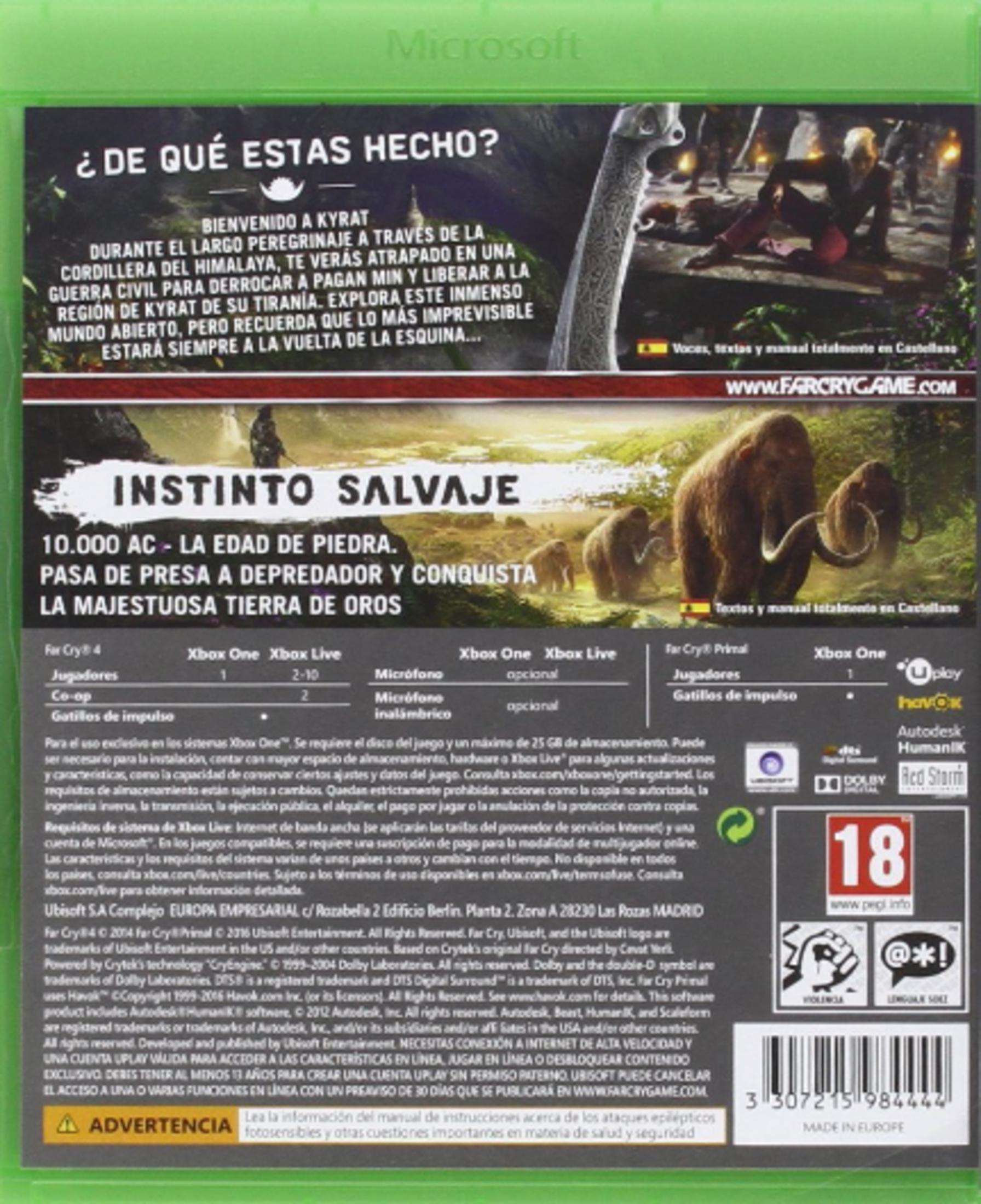 Okładka gry Far Cry Primal z mamutami i tekstem po hiszpańsku.
