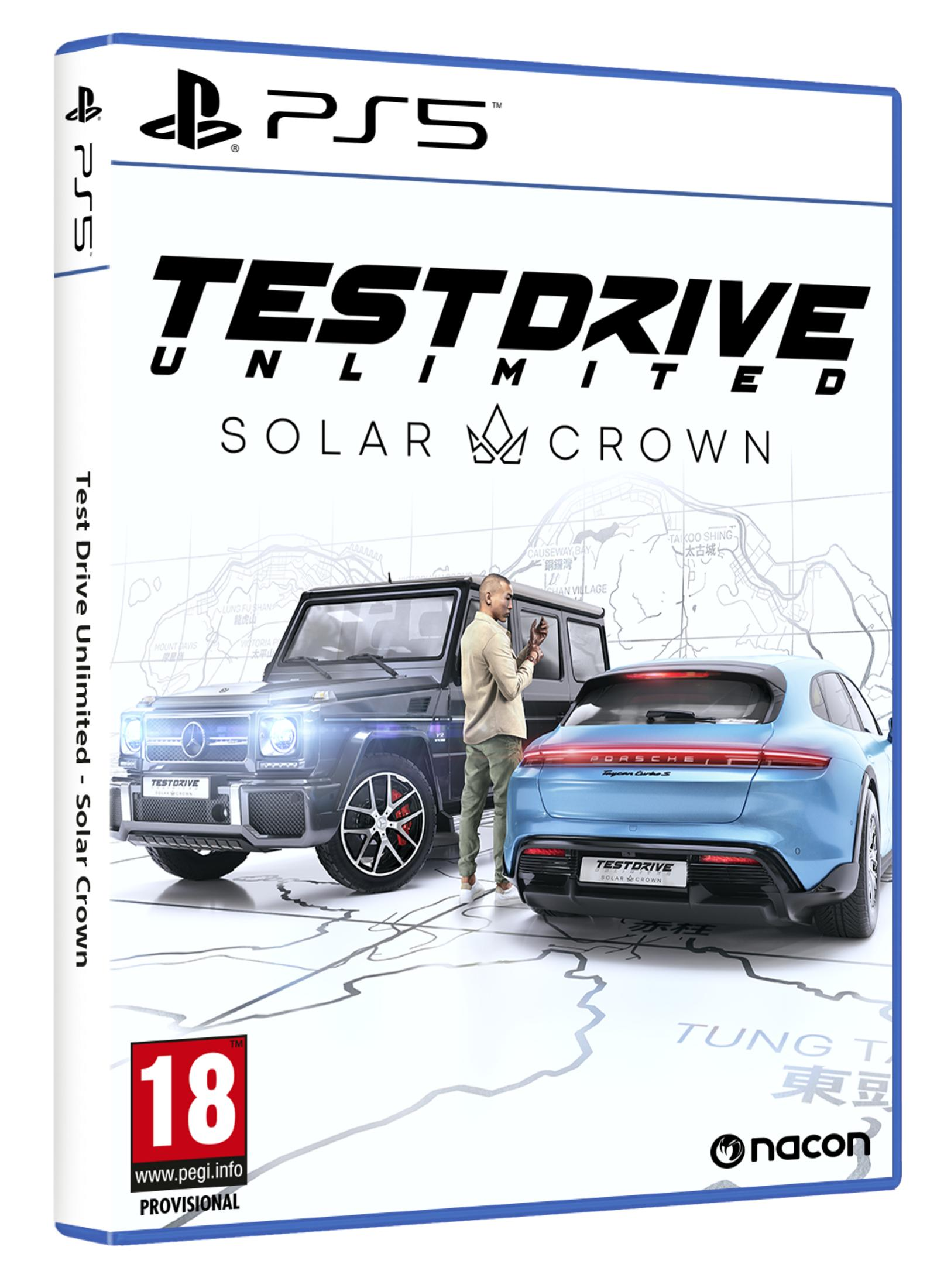 Pudełko gry PS5: Szary Mercedes G-Wagen, niebieski Porsche, mężczyzna, mapa.