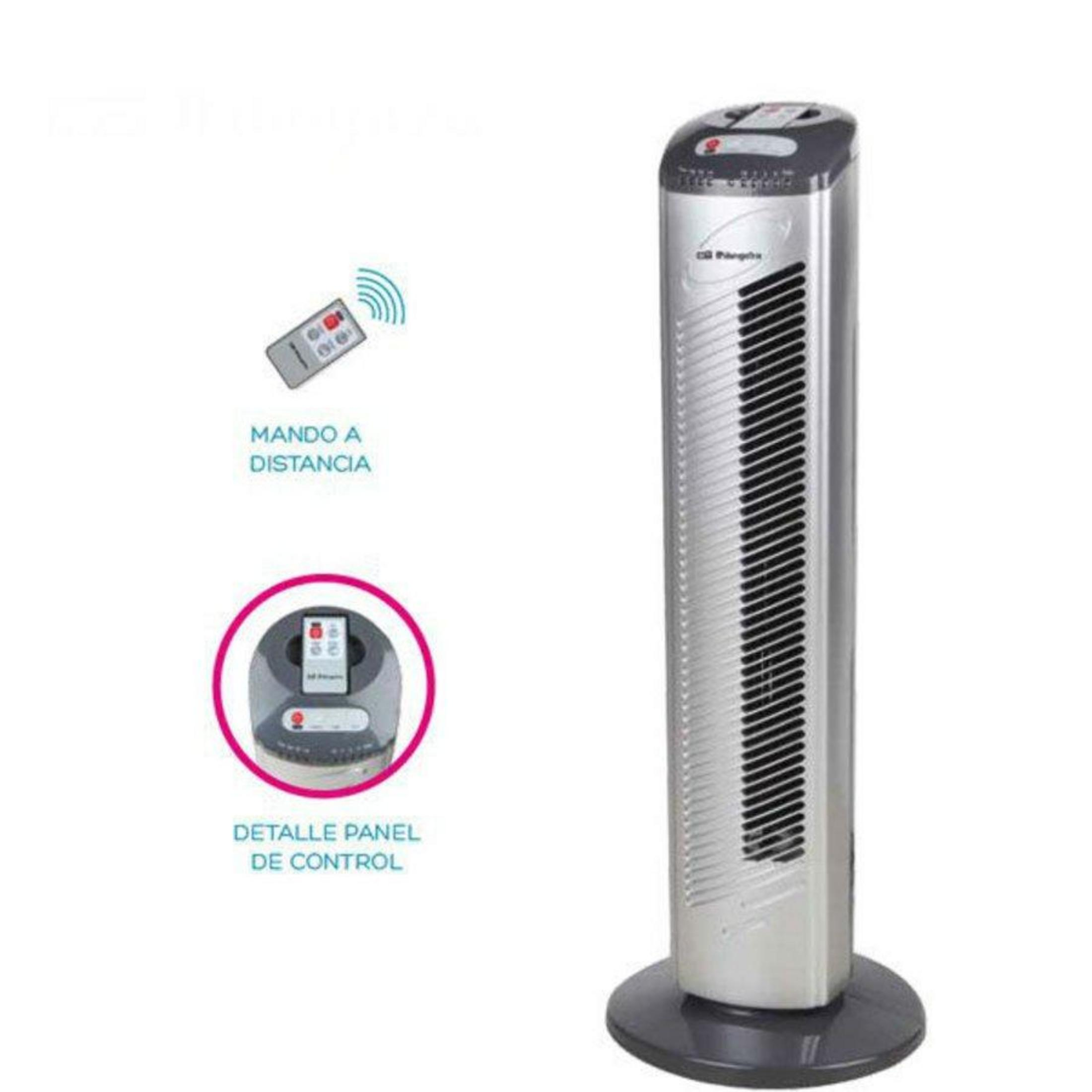 Un ventilador de torre plateado con mando a distancia y vista detallada del panel.