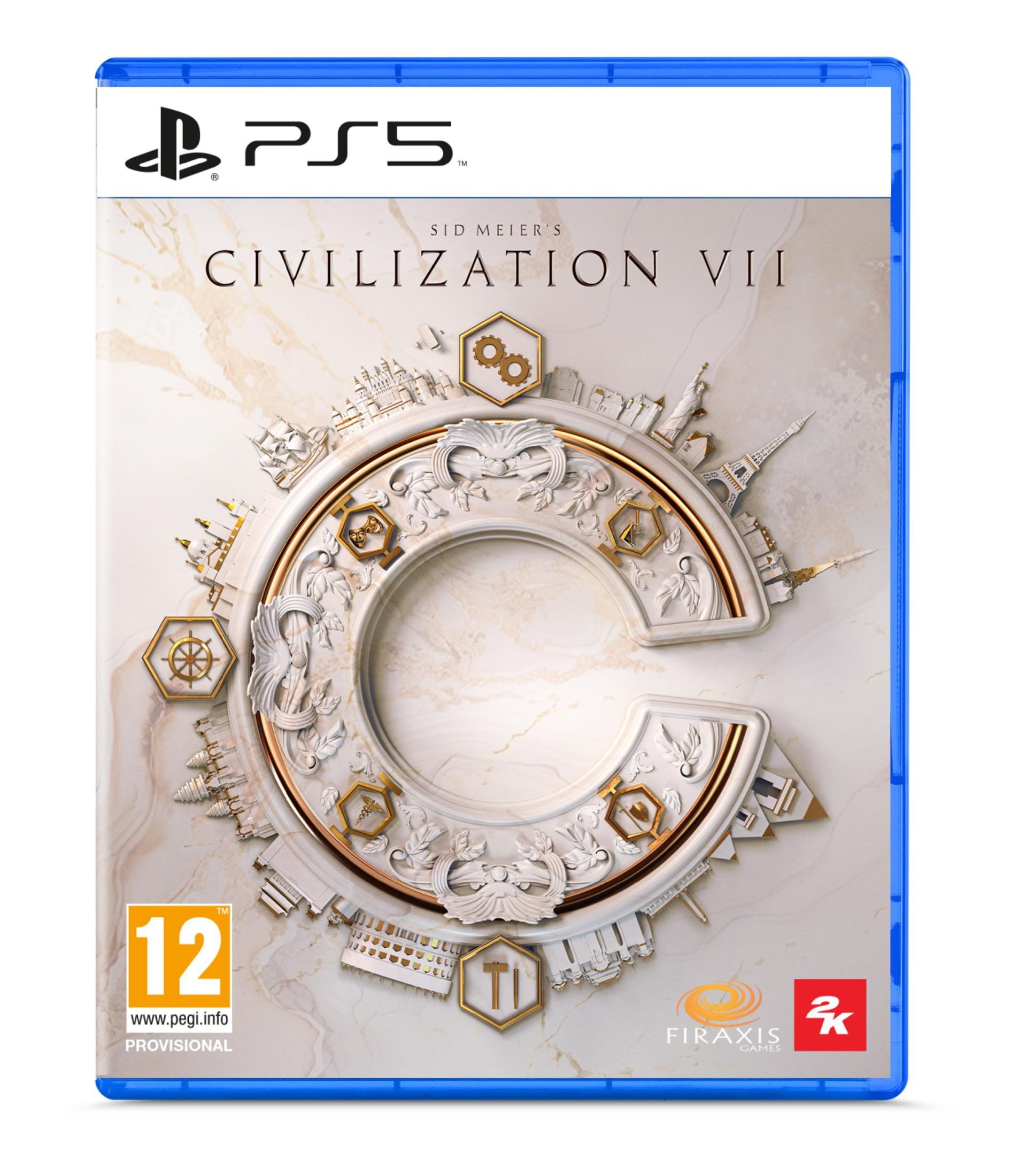 Caja de juego PS5 para Civilization VII con fondo de mármol y adornos dorados.